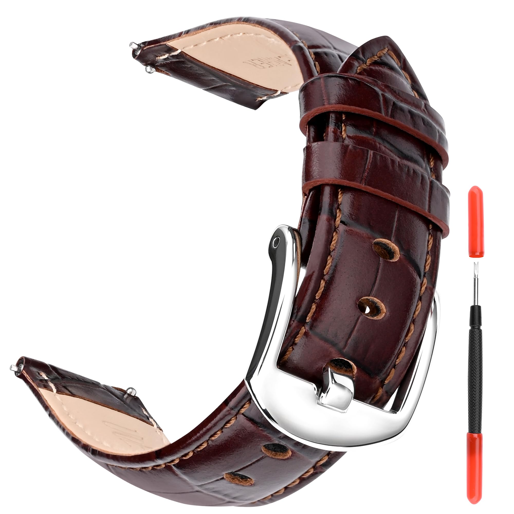 UOEPOWAGenuine Leather Watch Strap, Quick Release Crocodile Pattern Watch Band, 18mm 20mm 22mm Band Width for Men Women, Compatible with Fossil, Timex, Citizen Eco Etc