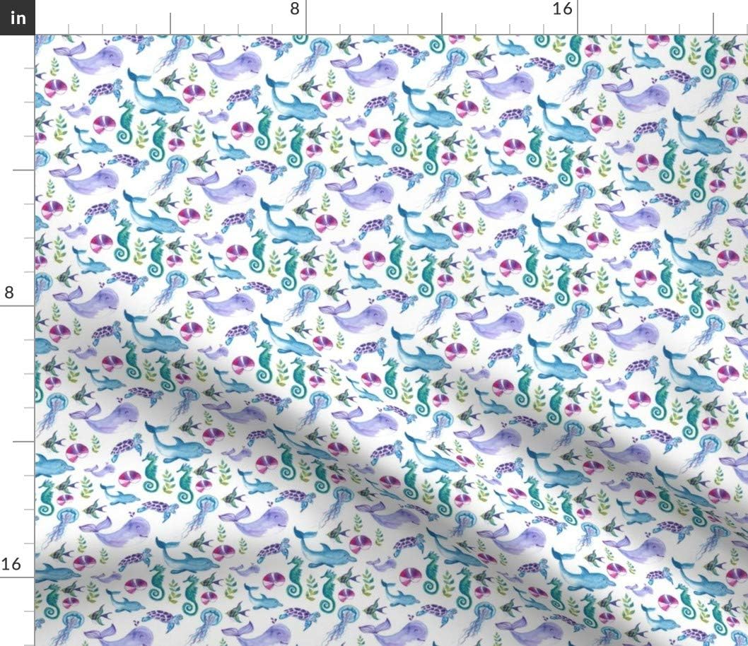 Spoonflower Fabric - Deep Sea Aquatic Animals Blue Dolphin Shell Horse Green Fish Purple Printed on Petal Signature Cotton Fabric by The Yard - Sewing Quilting Apparel Crafts Decor