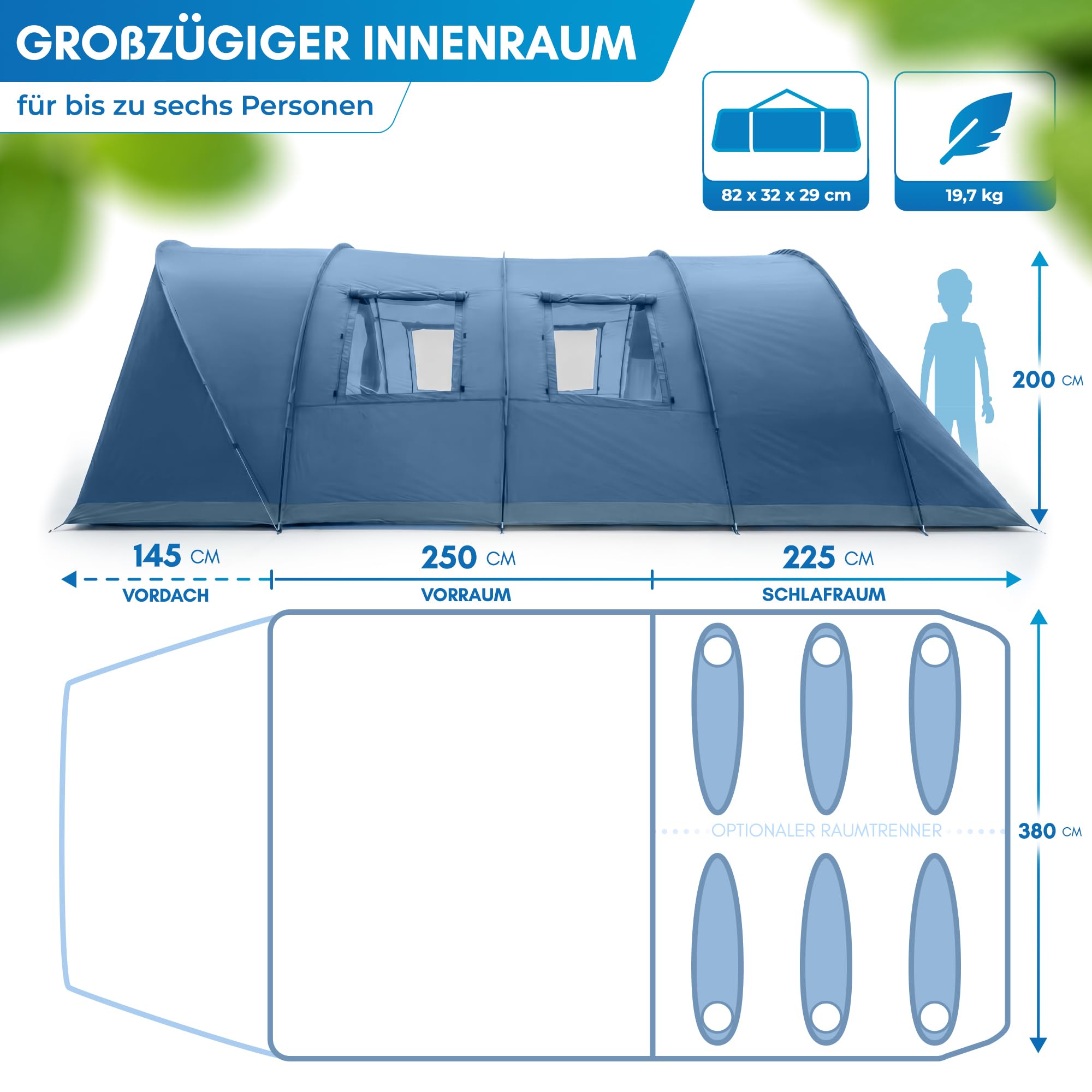 NORDMUT® Tunnelzelt 4 oder 6 Personen windfest inkl. Vordach & Boden – stabiles Familienzelt mit Stehhöhe – Campingzelt wasserdicht mit hervorragender Luftzirkulation