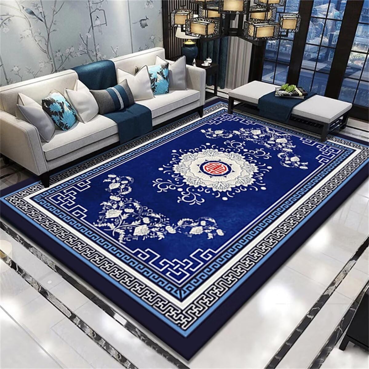Tapis de salon rétro bleu moquette intérieure facile d'entretien 90x150cm