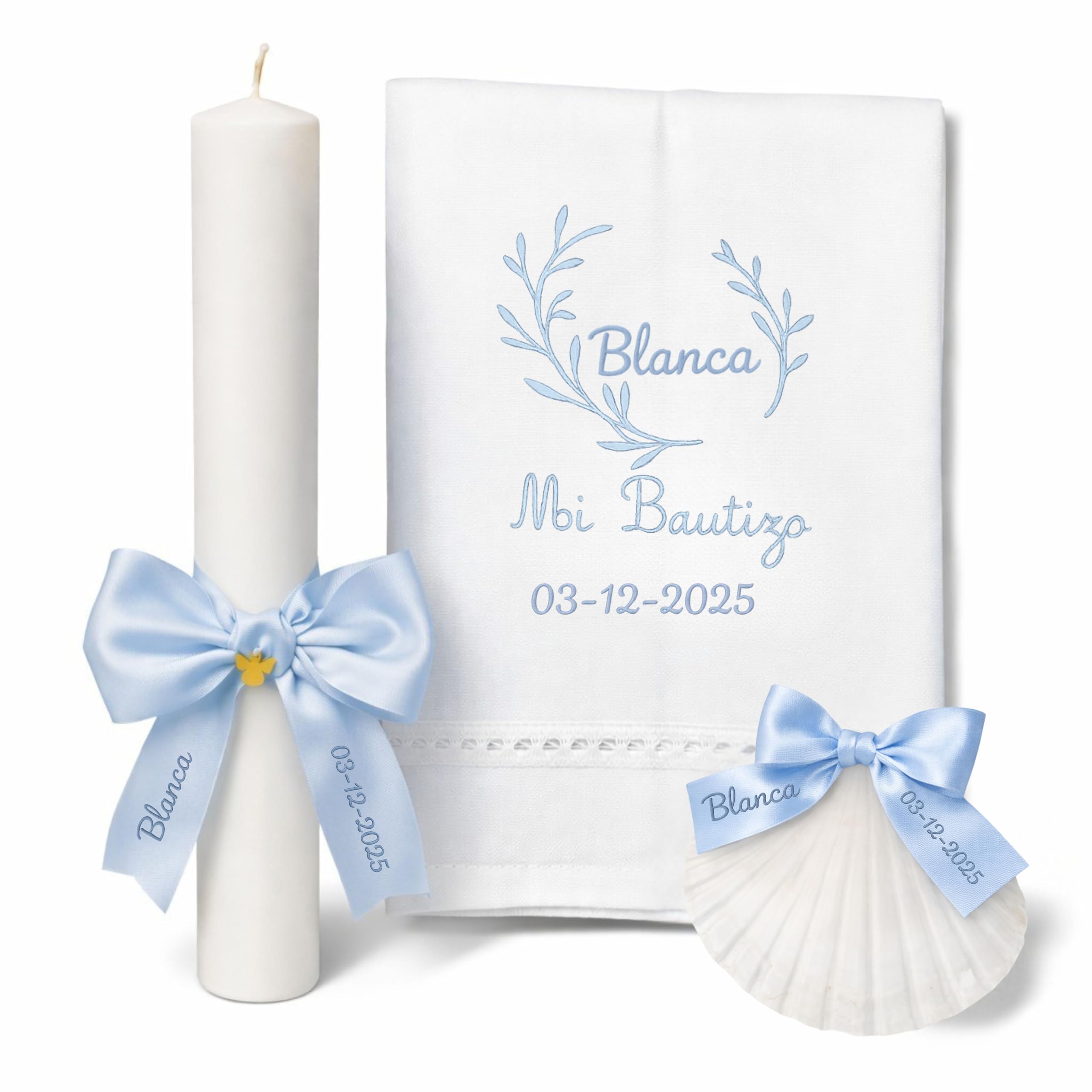 Kit de Bautizo Personalizado | Vela Artesanal con Lazo, Pañuelo Bordado y Concha Bautismal | Pack Premium con Vela Bautismo,Toalla de Bautismo Bordada, Concha Marina | El Recuerdo Perfecto (Beige) — view 9