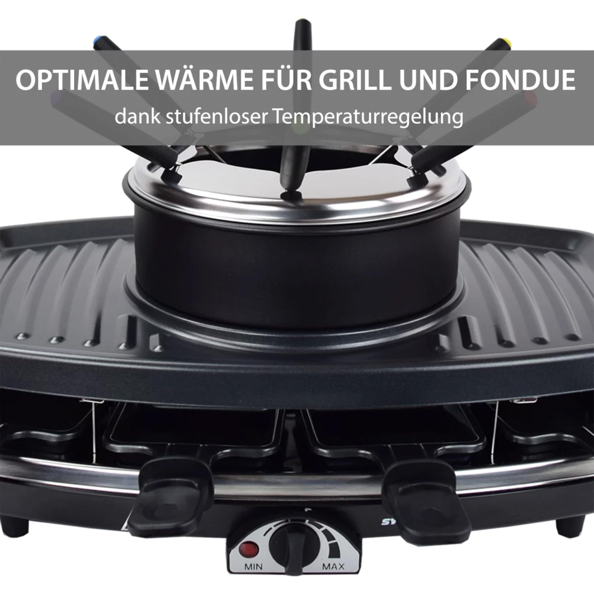 Syntrox Germany Raclette-Grill emailliert Liles mit Fondue, Tischgrill. 1100Watt, Partygrill, Elektrogrill, Antihaftbeschichtet, Multifunktionsgerät, inklusive Rezepte, Grillen von Fleisch