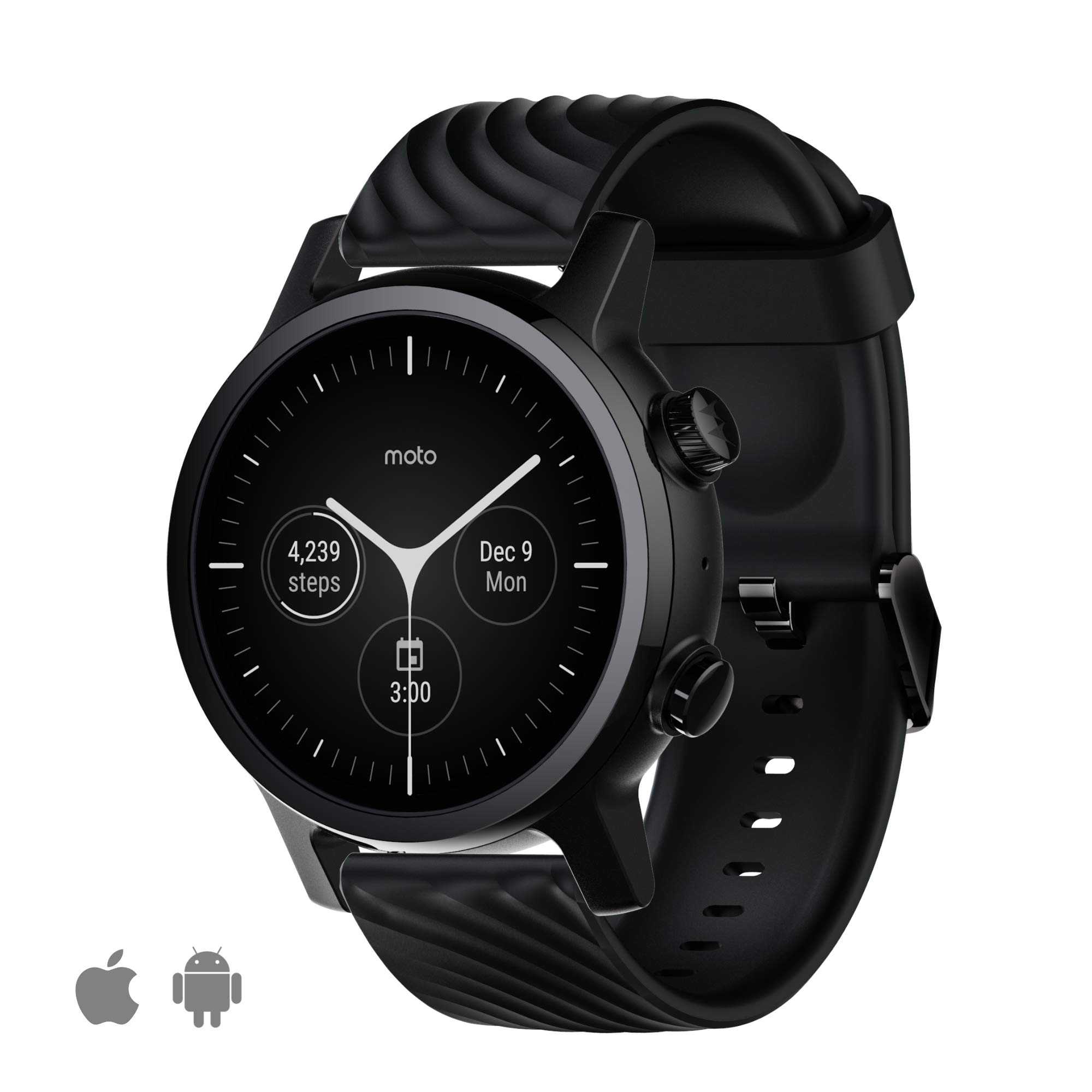 Moto 360 3rd Gen 2020 - Wear OS by Google - The Luxury Stainless Steel Smartwatch with Included Genuine Leather and High-Impact Sports Bands - Phantom Black