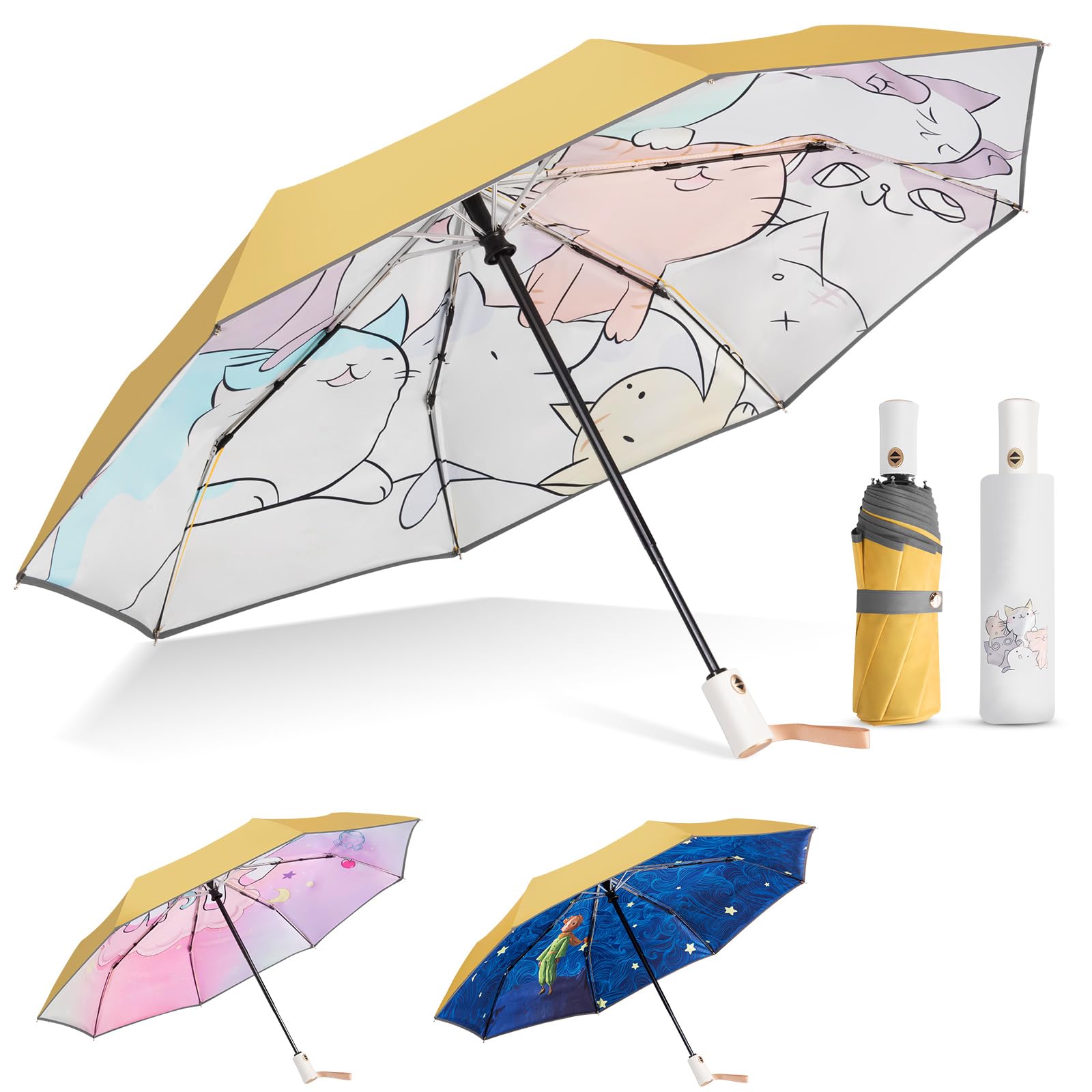 Painan Kids Unicorn Cat Prince Childrens Cartoon Cute Yellow Umbrella - Automatic Portable Compact Windproof Travel Child Umbrellas for Rain & Sun
