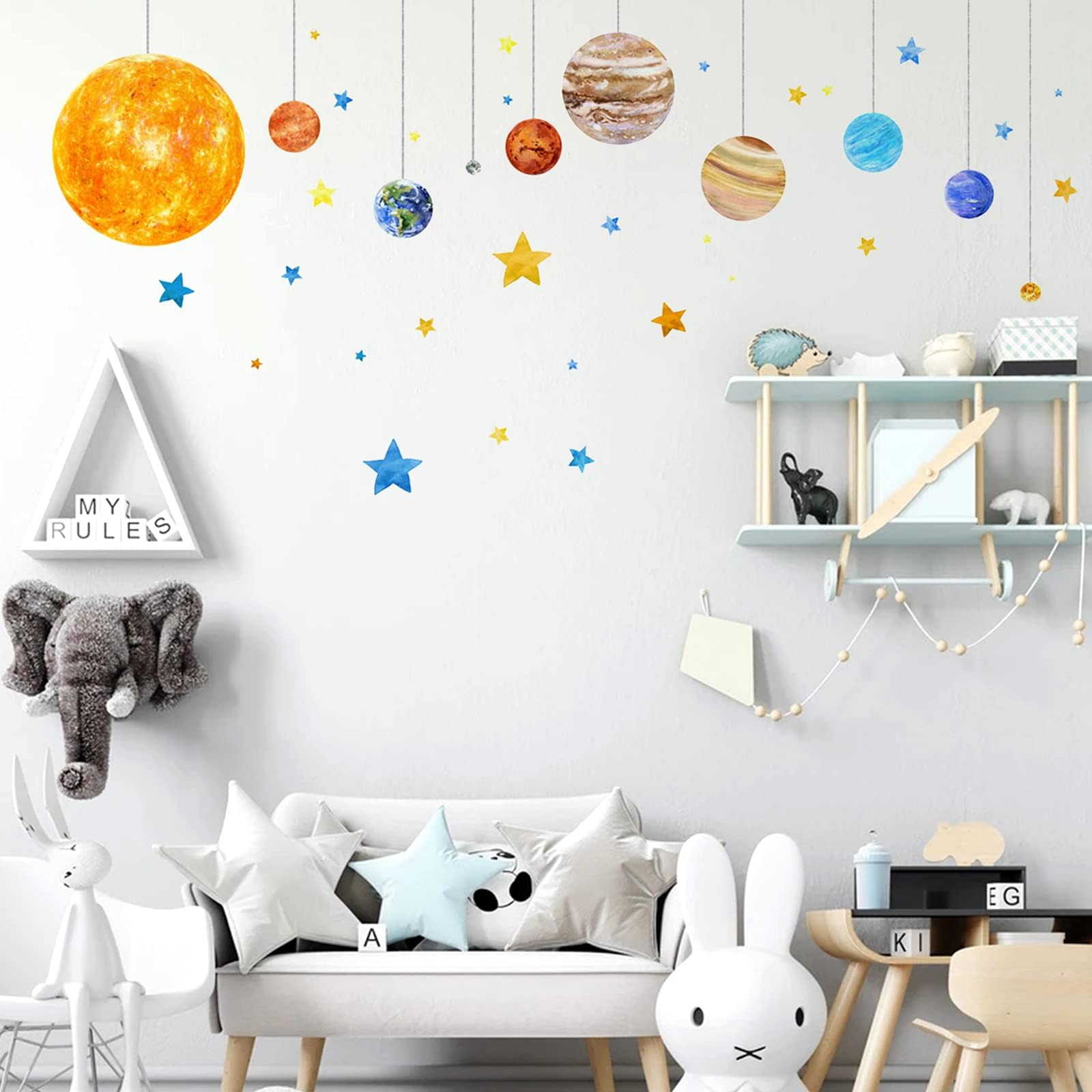NALACAL Planets and Space Wall Decals, Removable Solar System Wall Stickers, Cartoon Stars Wall Décor, Peel and Stick Universe DIY Art Murals Vinyl Wallpaper for Kids Boys Bedroom Nursery Decoration