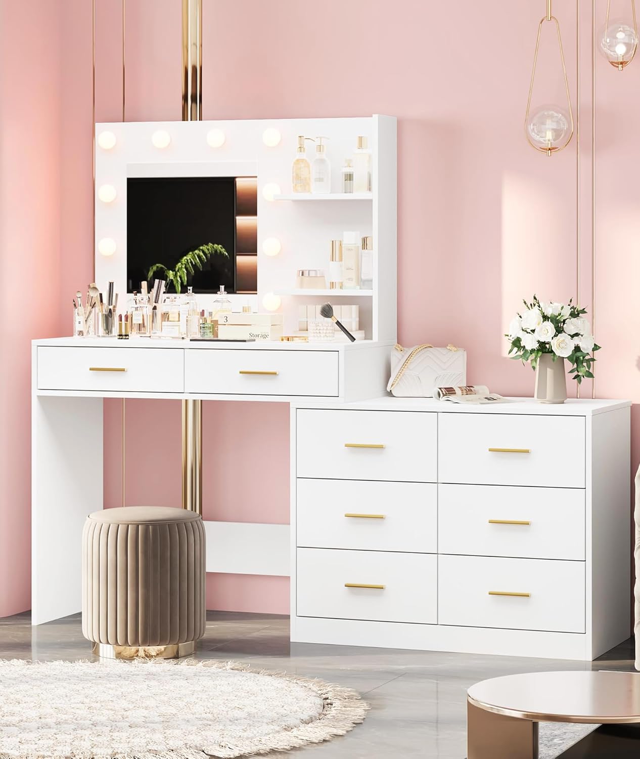 GAOMON Vanity Desk Table with Lighted Mirror 61“ Girls Makeup Vanity with 8 Stroge Drawers, 3 Colors Lighting Adjustable,Brightness Vanity Table for Women Bedroom Dressing Room