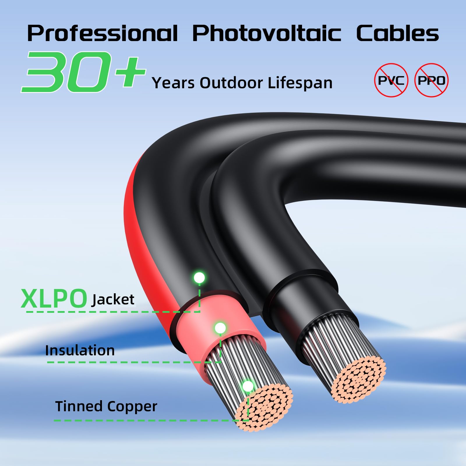 Bateria Power Cable de extensión solar de 2 conductores con conectores hembra y macho impermeables, cable combinado organizado 2 en 1 cables de panel adaptador solar (rojo y negro, 20 pies, 10 AWG (6