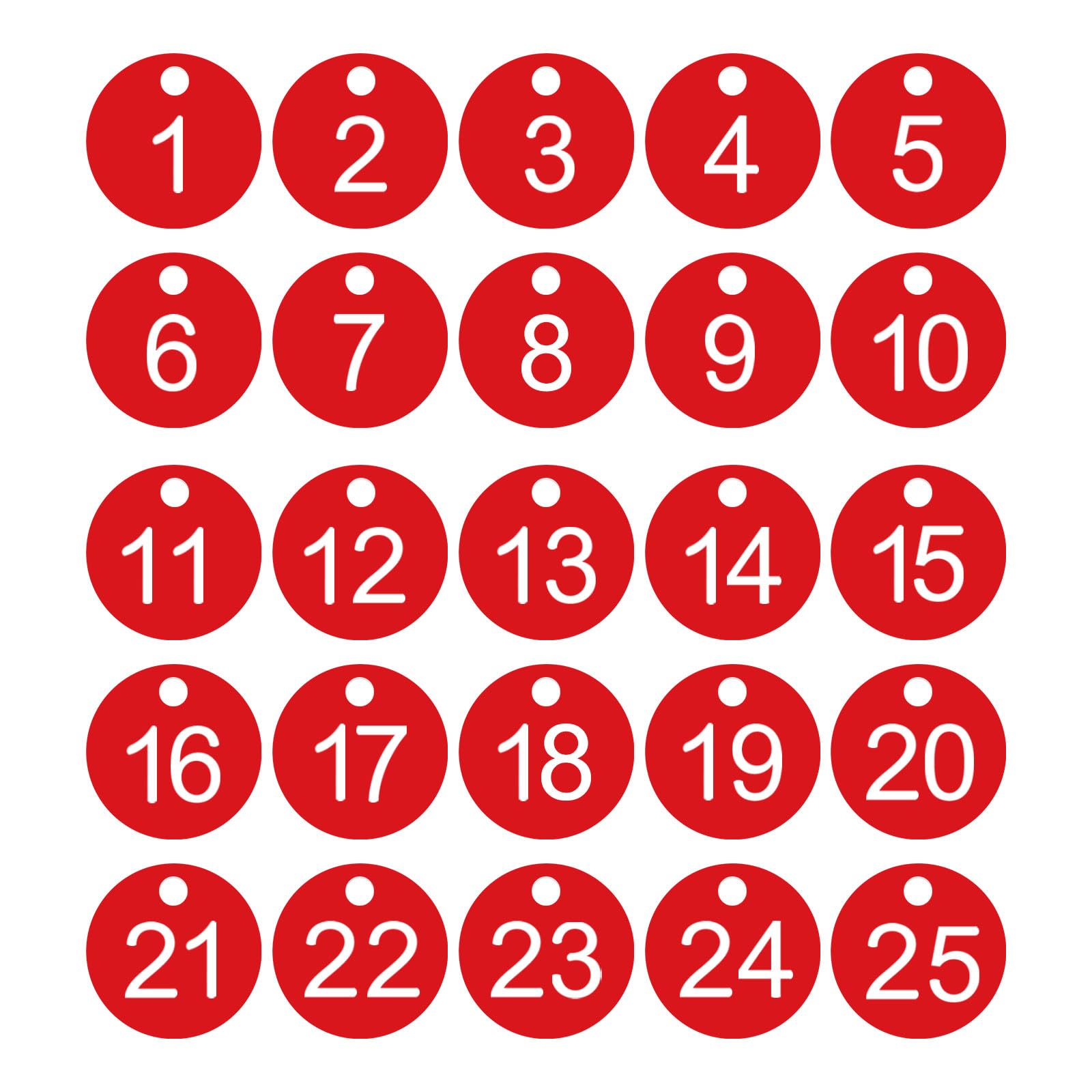 PATIKIL 1-25 Number Tags, 25Pcs Round ID Number Key Tags Plastic Numbered Keychain for Luggage Lockers Organizer Field Sales Hangers Clothes Labels, White-Red
