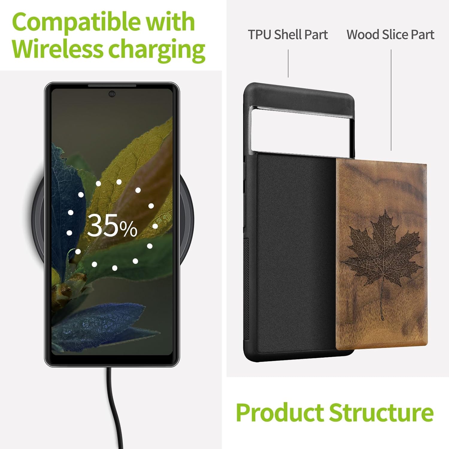 Carveit Wood Case for Pixel 7 Pro Case [Natural Wood & Black Soft TPU] Shockproof Protective Unique Wooden Cover Compatible with Google Pixel 7 Pro (Maple Leaf-Walnut)