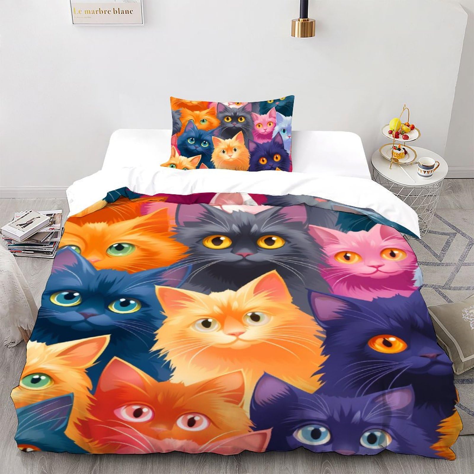 Housse de couette chat 135x200 parure de lit animaux microfibre respirante avec taie d'oreiller