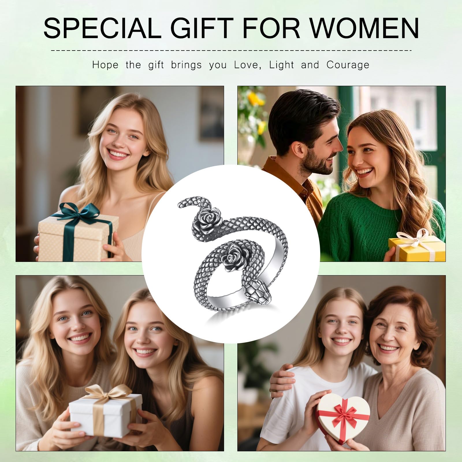 DAYLINLOVE Anillo de serpiente de plata de ley 925 con rosa gótica, ajustable, anillo abierto para el pulgar, joyería gótica, regalo para mujeres y niñas