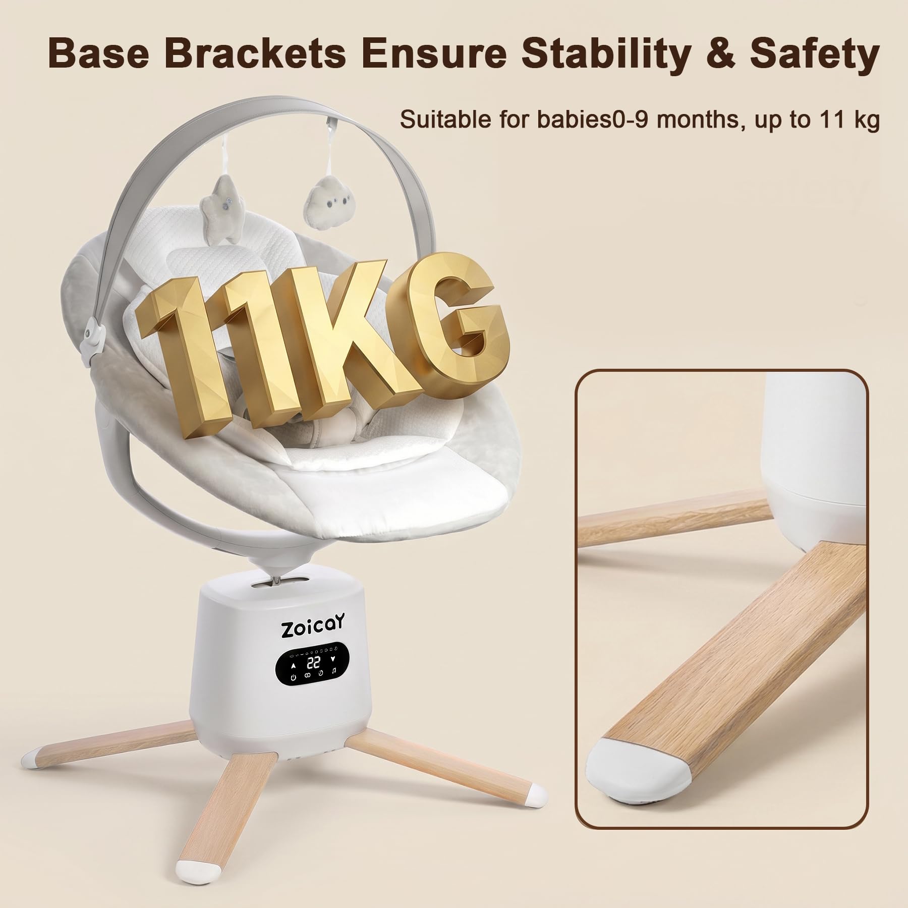 Balancelle Bébé Electrique Zoicay Transat Bébé Electrique 9 Modes avec Siège réglable Fonction de Timing et de Musique, Balancelle pour bébé Télécommande Bluetooth et Contrôle Tactile (Blanc)