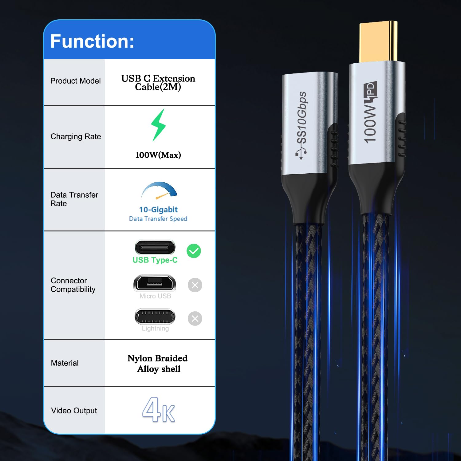 Cavo Prolunga USB C 3.2 Gen 2 Da 5 Metri - 10Gbps, 4K@60Hz, Ricarica 100W - Maschio A Femmina - 2