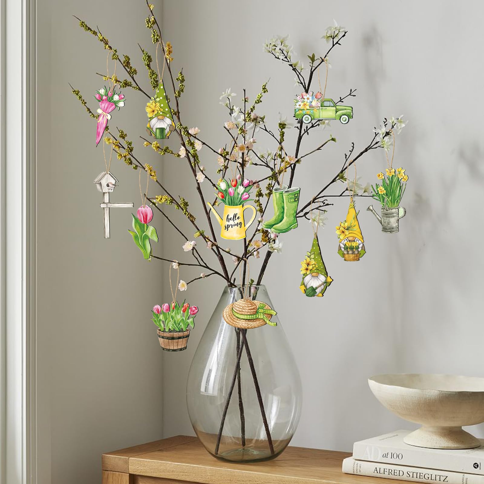 Holz Deko Frühling 12 Stück Frühlingsdeko Deko Frühling zum Aufhängen Hängedeko Holz Anhänger Frühlingsblumen Zwerge, Tulpen für Zweige, Türen, Fenstern, Decken, Gärten, Höfen