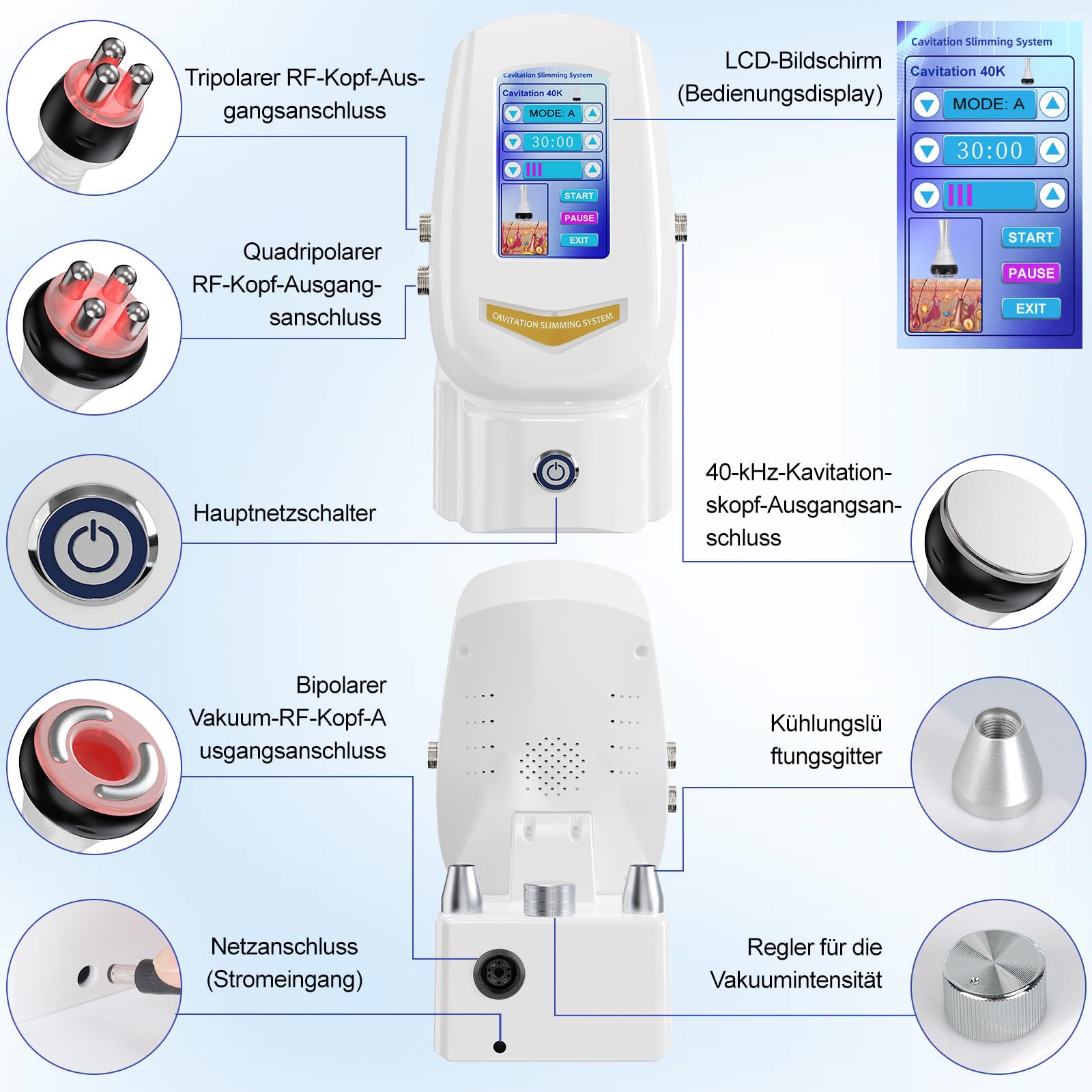 4-in-1 Massagegerät Kavitation Radiofrequenz Körper & Gesicht 40K | 4-in-1 mit Ultraschall-Kavitation & RF, strafft & modelliert Körper und Gesicht, professionelle Pflege für zu Hause.