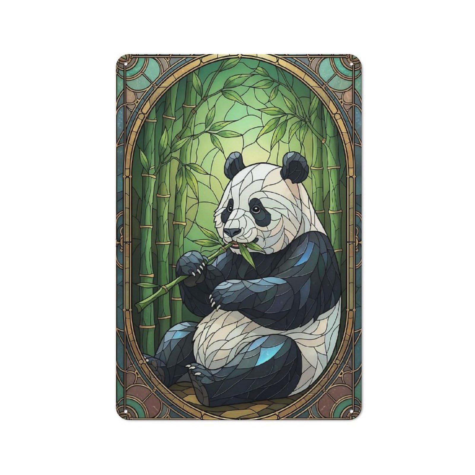 Junmoney Style-21 Panda Eating Bamboo In Stained Glass Decorative Metal Wall Decor 30X20cm, Decorative Tin Plaque For Bedroom, Kitchen, Office Or Living Room