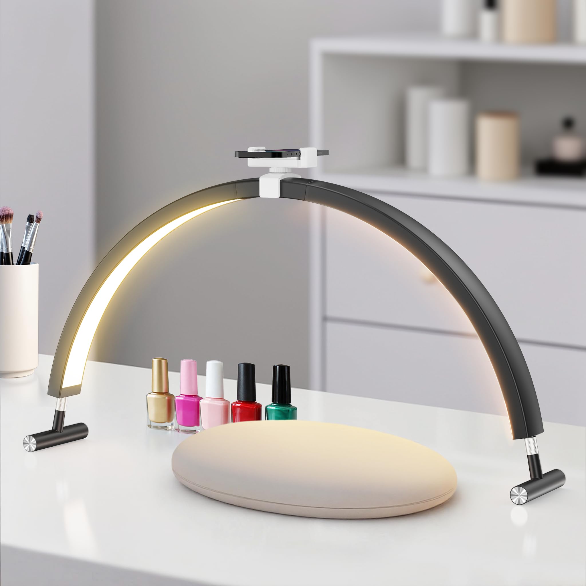 Mznoo Half Moon Light for Nail Desk, 30in 48W Nail Desk Lamp with Phone Holder, Lash Light for Eyelash Tech, Manicure Table Lamp Dimmable Light Modes and Brightness (Black)-image-45