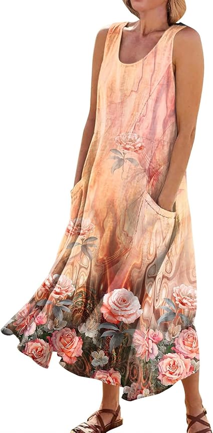 Plus Size Cotton Linen Summer Dresses for Curvy Women 2025 Sleeveless Maxi Vacation Beach Sundresses with Pockets