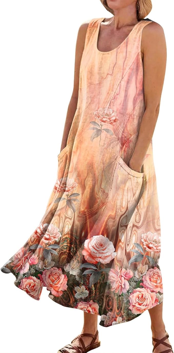 Plus Size Cotton Linen Summer Dresses for Curvy Women 2025 Sleeveless Maxi Vacation Beach Sundresses with Pockets