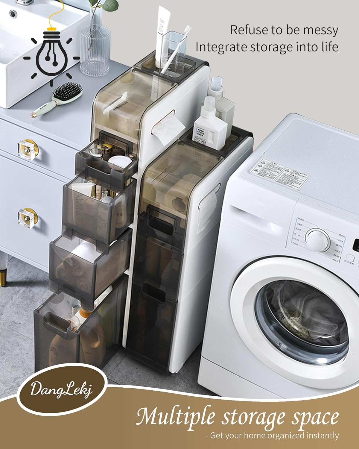 3 Tier Bathroom Floor Cabinet, Vertical Storage Unit with Clear Drawers and Casters, Large Capacity Narrow Tall Slim Storage Tower Waterproof Toilet Paper Storage Cabinet for Small Spaces Gaps