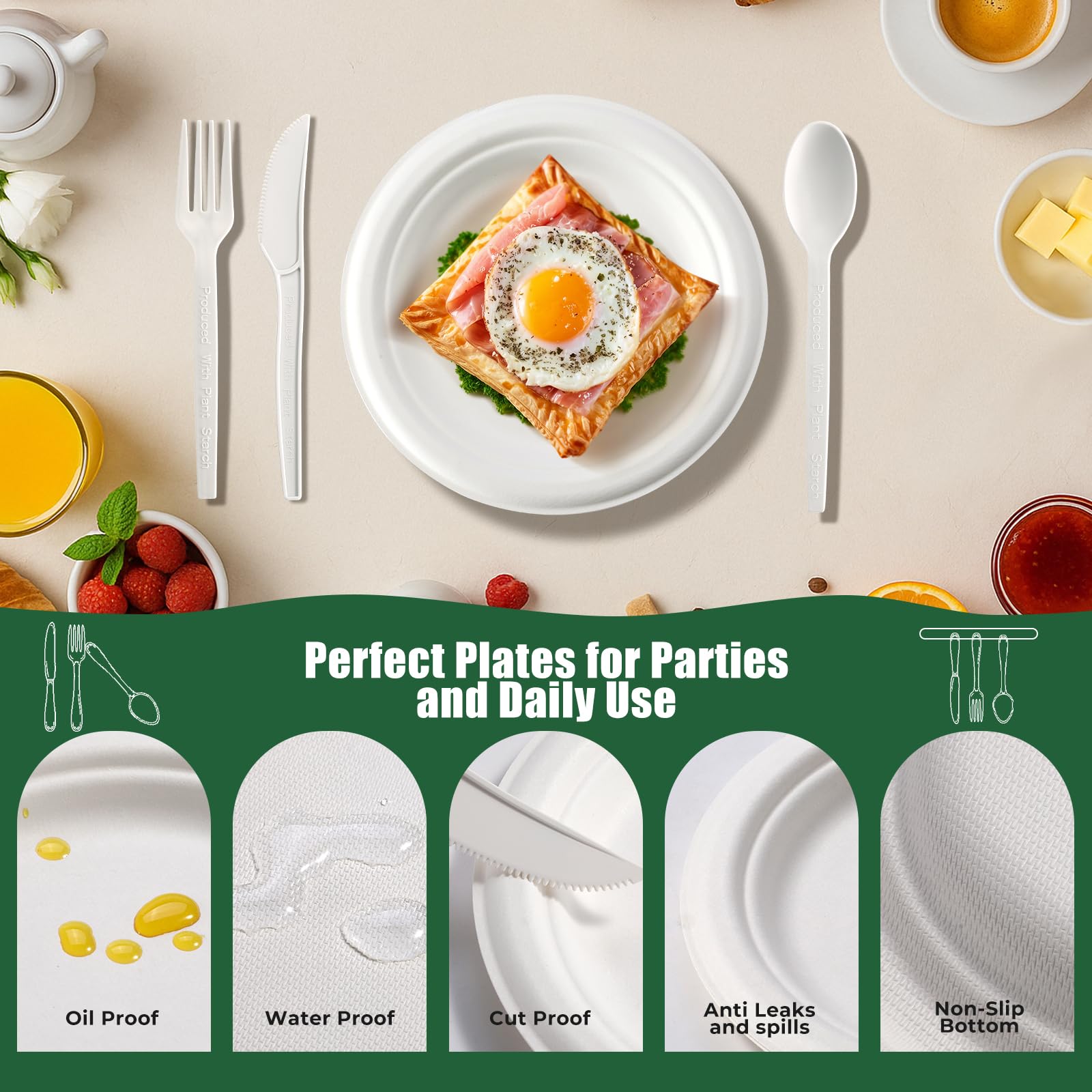 250 Pcs Biodegradable Paper Plates Set Disposable Dinnerware Set, Eco Friendly Compostable (EXTRA LONG UTENSILS), Utensil include, Forks, Knives and Spoons for Party andBirthday party, camping 3