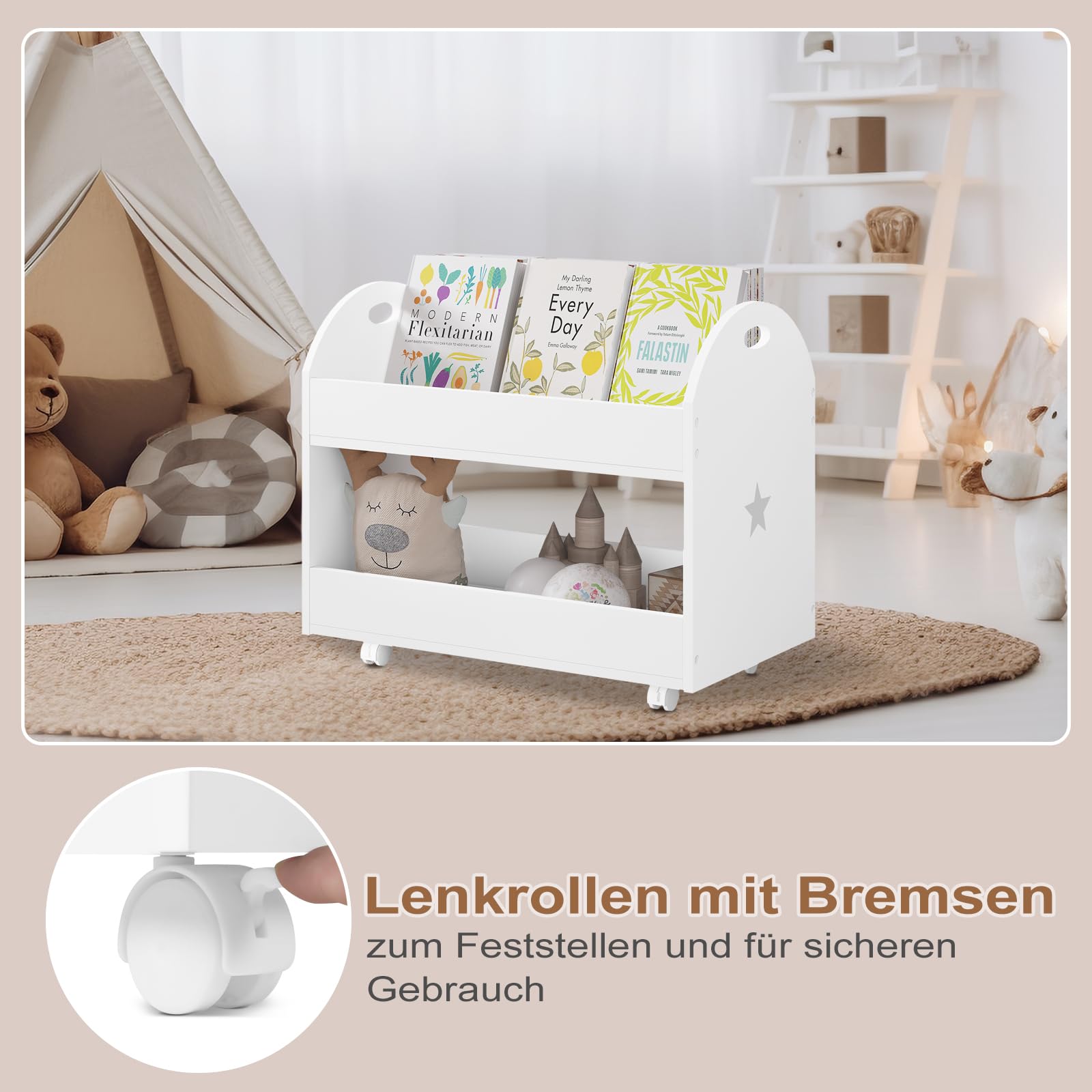 Lestarain Spielzeugkiste mit Rollen, Kinderzimmer Regal, Spielzeugregal mit 2 Ebenen, bewegliches Aufbewahrungsregal, Kinderregal für Bücher Spielzeug
