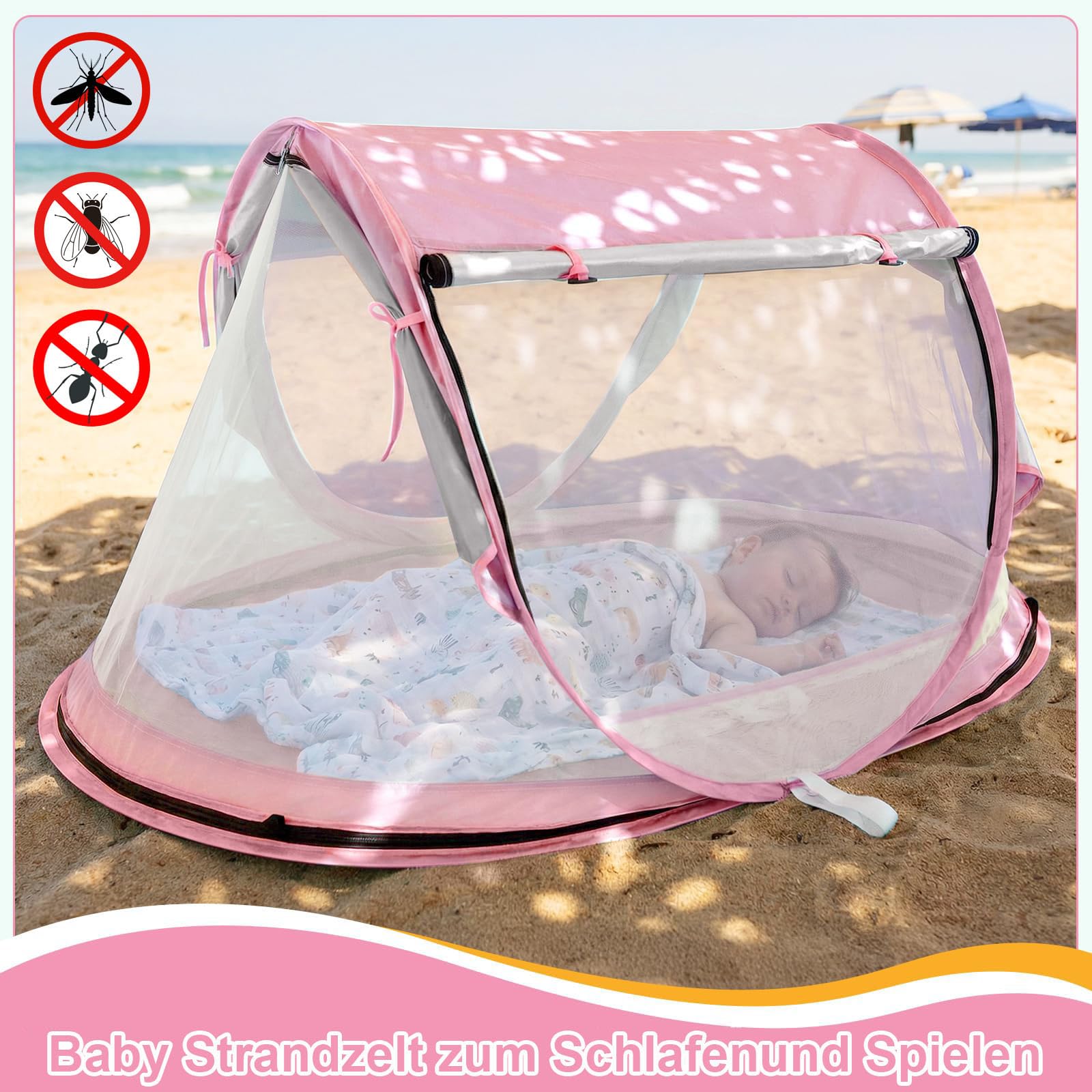 Strandmuschel Baby uv Schutz 50, Pop up Strandzelt als Sonnenschutz für den Strand, 360° Moskitonetz Zelt, Inklusive Tragetasche für Reisen und Camping, Geeignet für Sand und Rasen