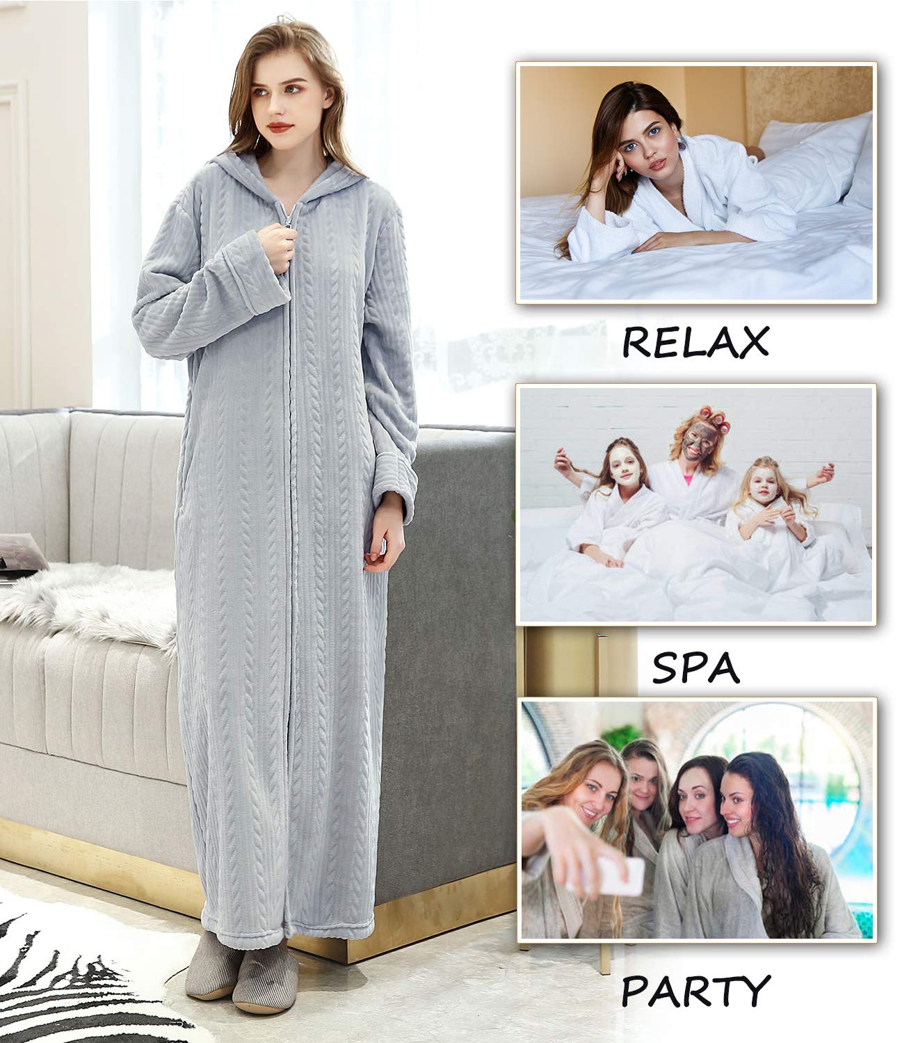 ZFSOCK Vestaglia Lunga Donna Invernale in Pile Morbido con Zip, Accappatoio in Flanella con Cappuccio, Vestaglia Microfibra da Notte per Casa Spa Hotel