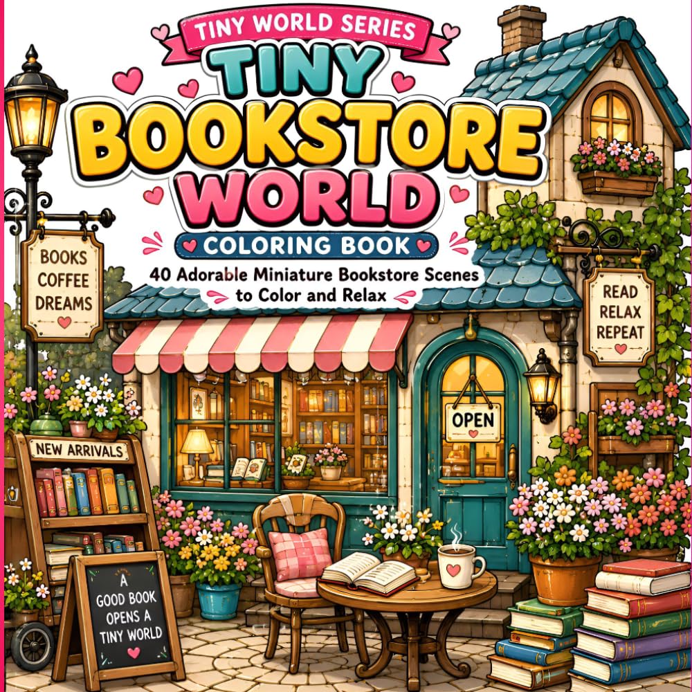 Tiny Bookstore World Coloring Book: 40 Adorable Miniature Bookstore Scenes to Color and Relax (Tiny World Series)