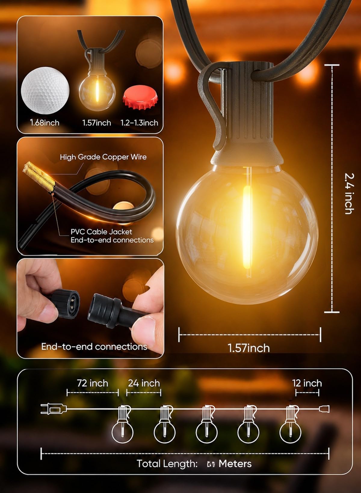 Outdoor Lichterkette Außen 45M, LED Glühbirnen Aussen Mit 75+2 G40 PlastikBirnen, Wasserdicht IP44 Hängende lichterketten Strom für Garten, Terrasse, Party Deko, Café 2700K Warmweiß