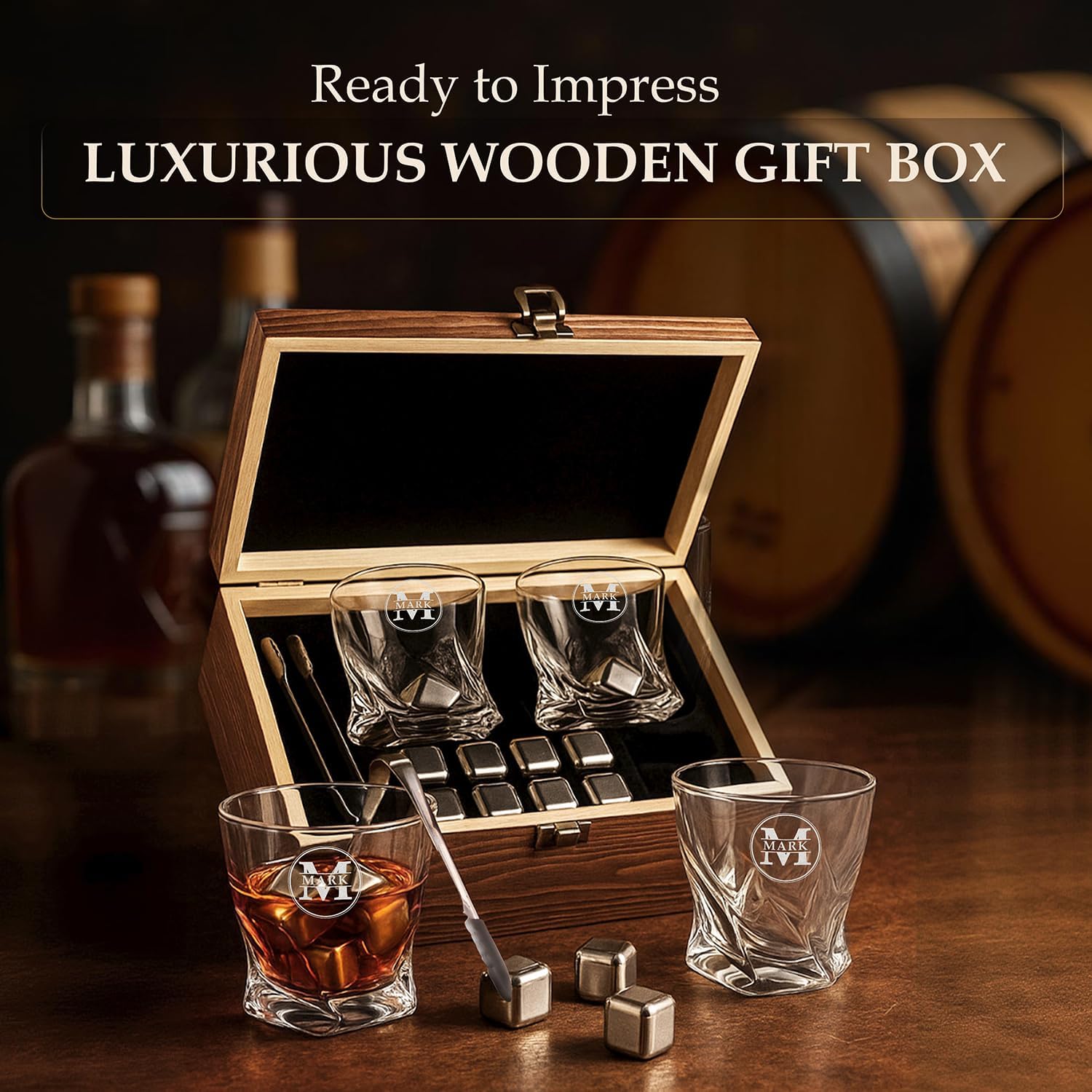 Custom Simplistic Modern Monogram Name Initial Whiskey Gift Set of 2 Glasses, Tongs, & Stainless Steel Whiskey Stones – Personalized Premium Wood Box for Men Gift for Husband, Dad, or Him