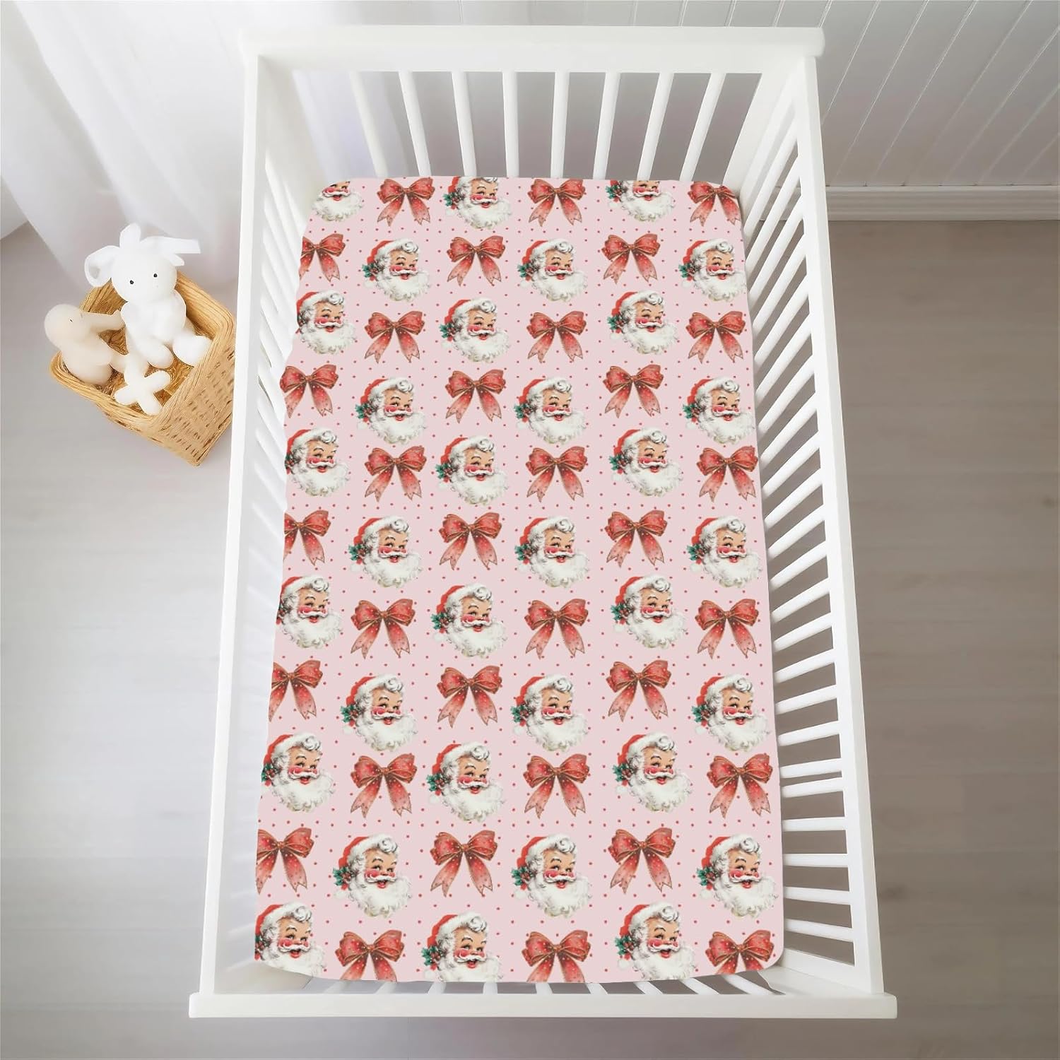 Vintage Merry Christmas Santa Bows Baby Crib Sheets for Boy Girl Retro Happy Santa Jolly Soft Snug Fitted Crib Mattress Covers Fit 52''x28'' Standard Crib & Toddler Mattress Winter Holiday Bed Sheets