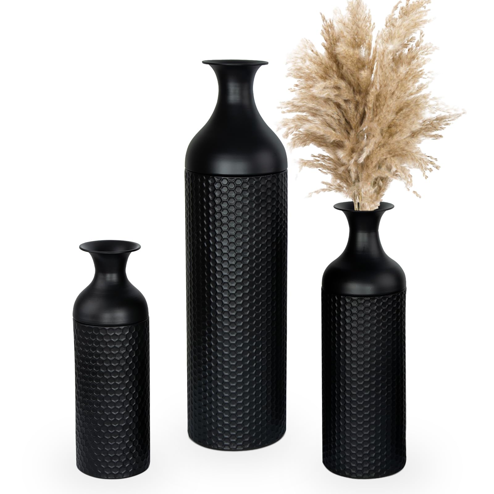 Jarrones negros grandes, 69/51/42 cm, 3 jarrones de flores de metal con textura de panal moderno para salón, rincón de casa, pasillo, decoración (con superficie lisa)