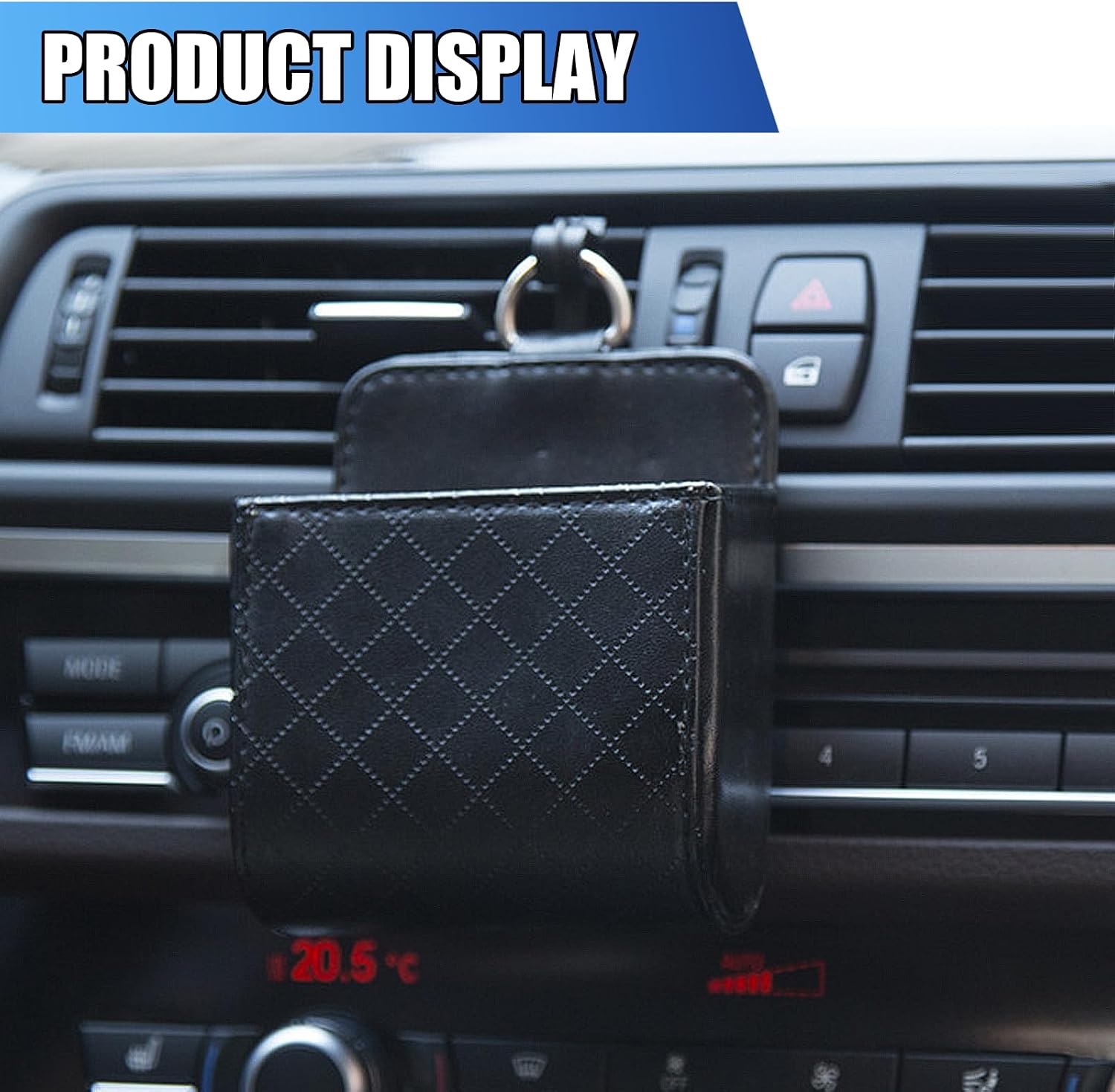 Car Vent Storage Bag, PU Leather Automotive Dashboard Organizer Pocket with Hook, Portable Vehicle Hanging Storage Pouch for Key, Coin, Cell Phone, Sunglasses (Black)