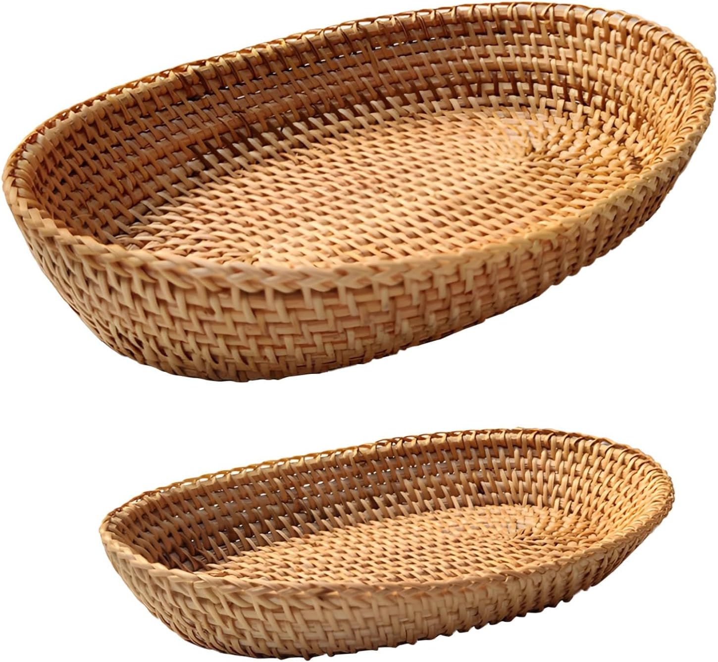 Handwoven Wicker Basket Set, 2 Pcs Oval Rattan Serving Tray for Food Storage, Bread, Fruit, Lightweight for Kitchen, Living Room Decoration