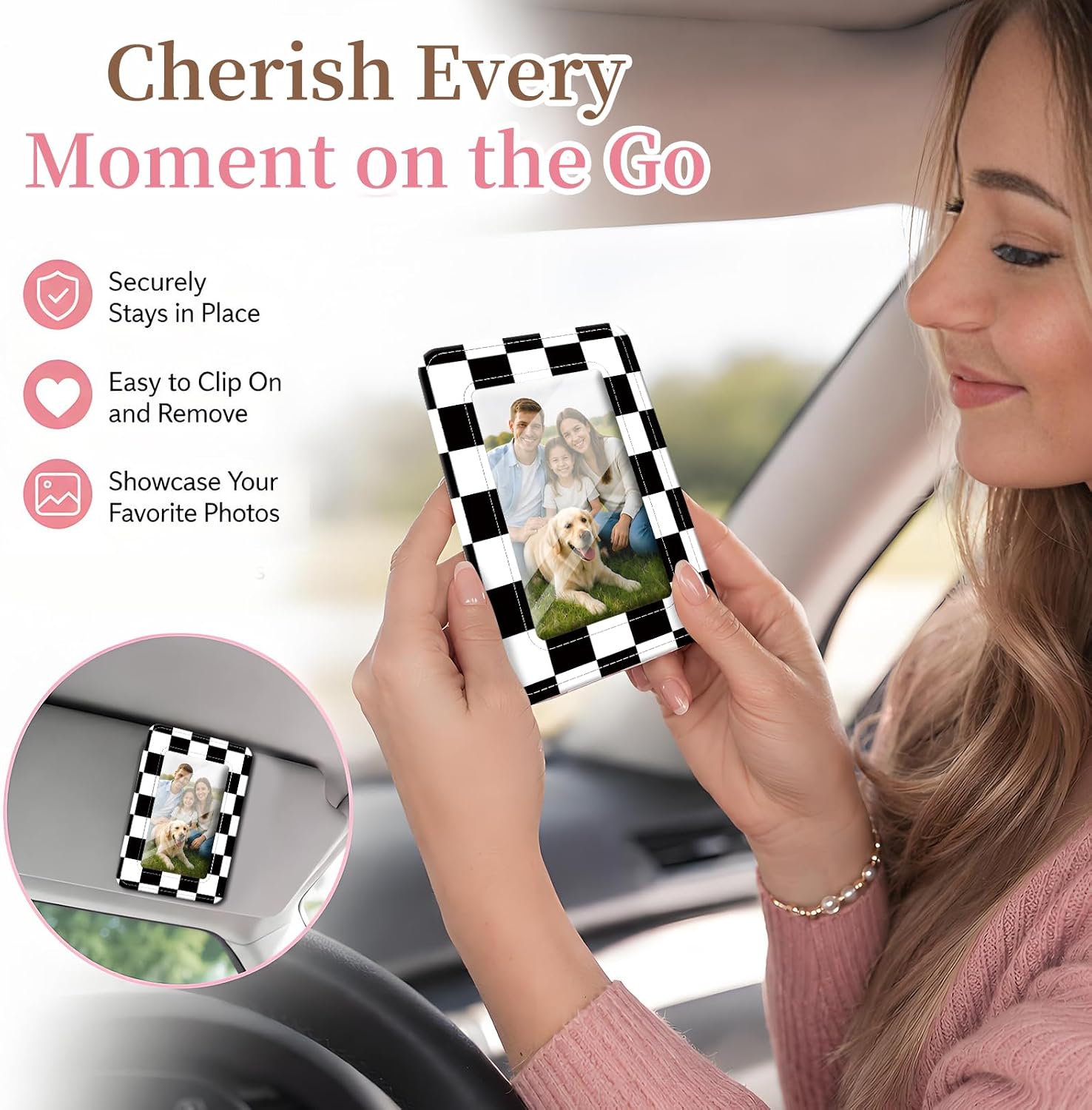 Leather Car Picture Holder and Visor Photo Clip, Cute Car Photo Holder Display Visor Photo Frame Vertical, fit 2.36"x3.54" Photo Classic Checkerboard image 4