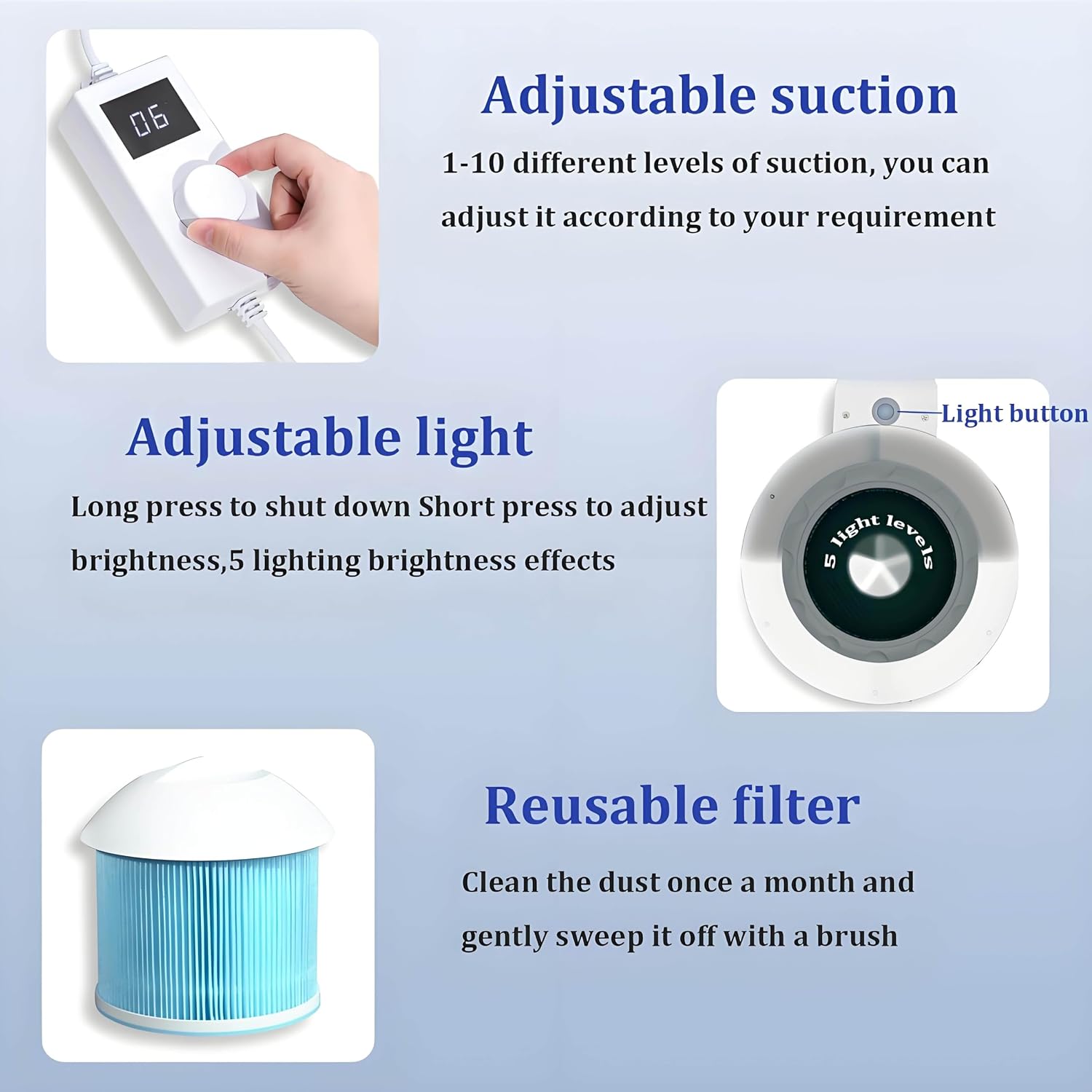 Industrial Nail Dust Collector，Original Vacuum Nail Dust Collector，5 Light Brightness Settings，Adjustable Suction 360° Flexible Come with ONE Replacement Filter， for Polishing &Salon A