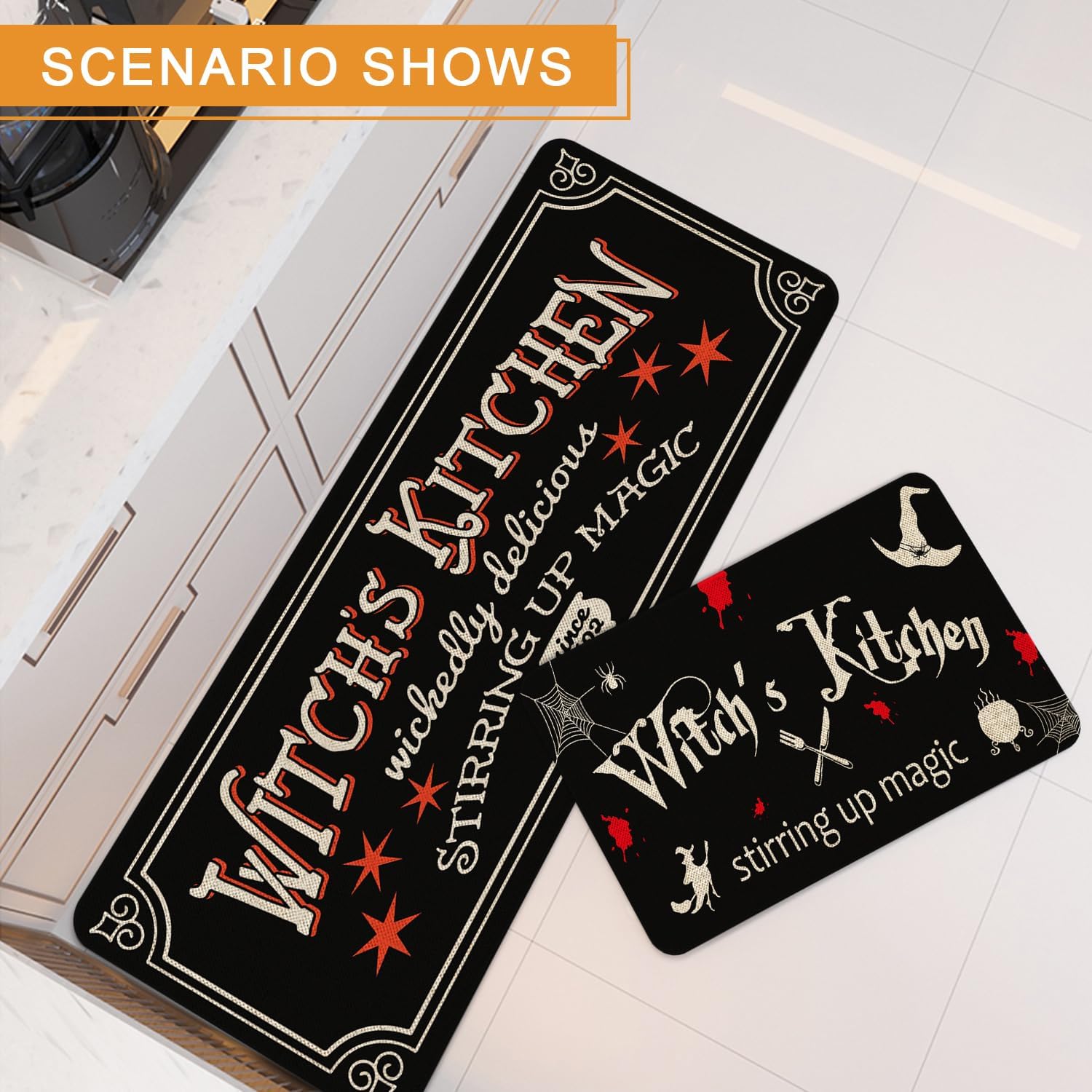 Roszwtit Halloweeen Kitchen Rugs and Mats Set of 2, Halloweeen Witches Kitchen Mat, Seasonal Holiday Washable Non-Slip Floor Mats for Halloweeen Witchy Kitchen Decor - 17x29 and 17x47 Inch