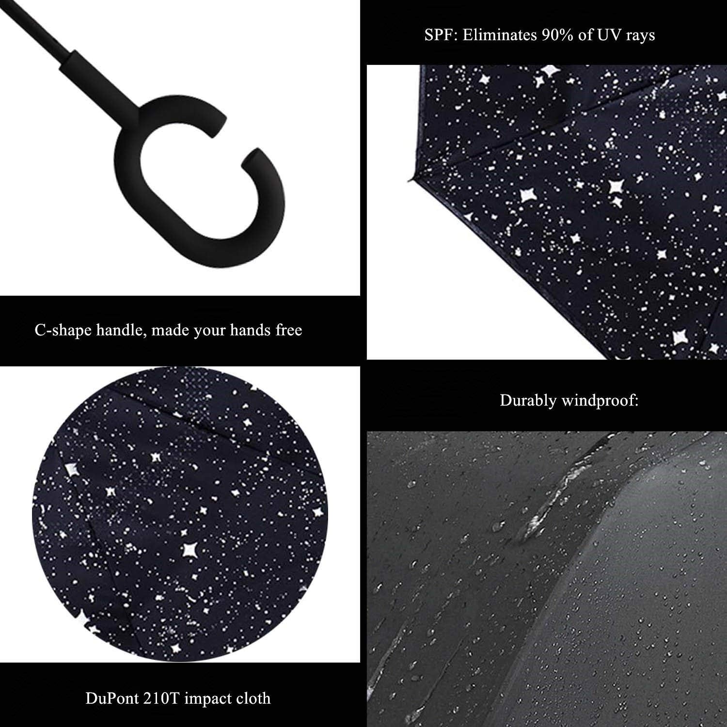 umbresen Double Layer Inverted Umbrella Cars Reverse Open Folding Umbrellas, Windproof UV Protection Large Self Stand Upside Down Straight Umbrella for Golf Women and Men With C-Shaped (star night)