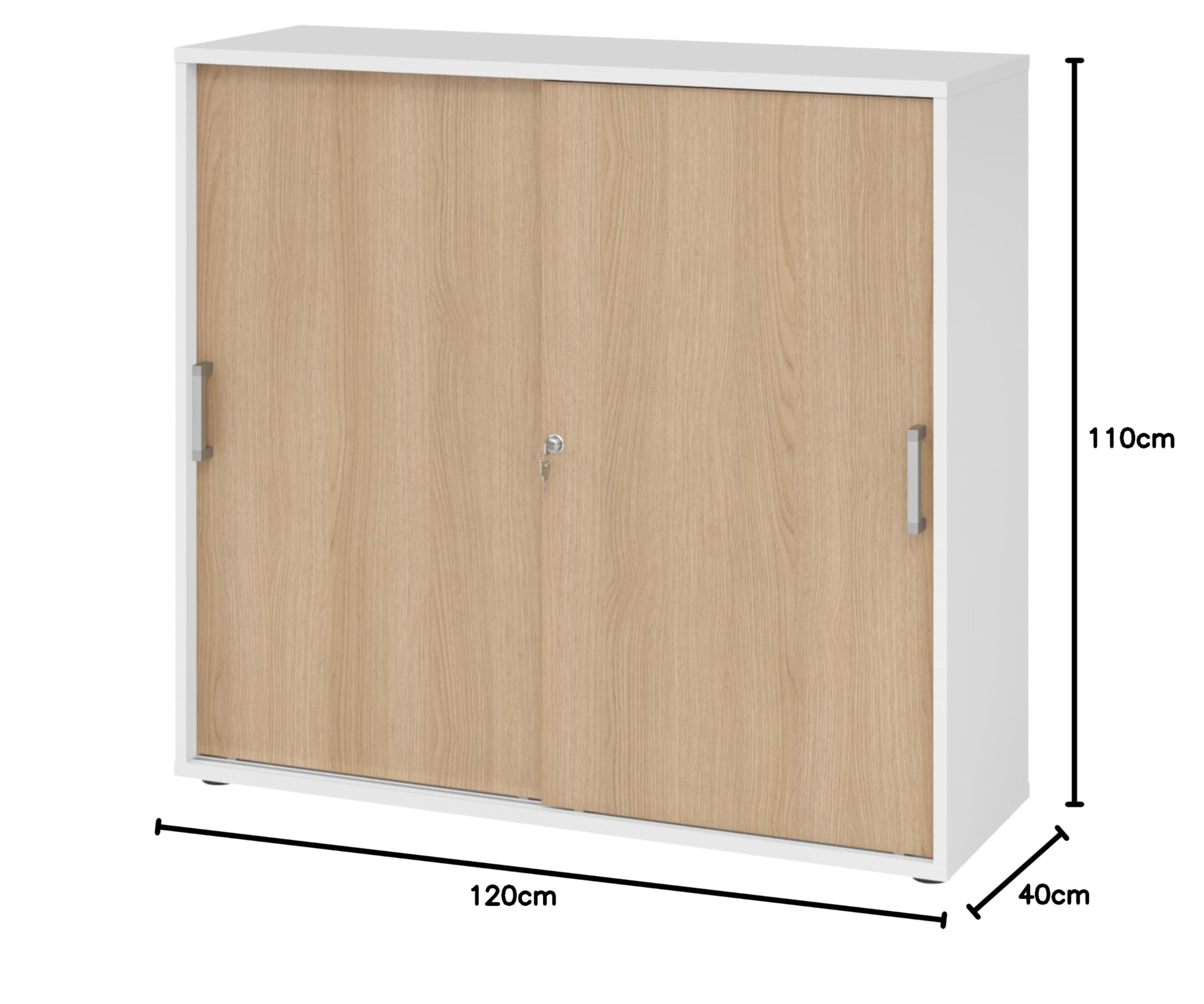 bümö Schiebetürenschrank 3OH - Aktenschrank abschließbar, Sideboard Schrank mit Schiebetüren in Weiß/Eiche, Chromgriff - Büroschrank aus Holz mit Schiebetür, Büro Kommode für Ordner & Co.