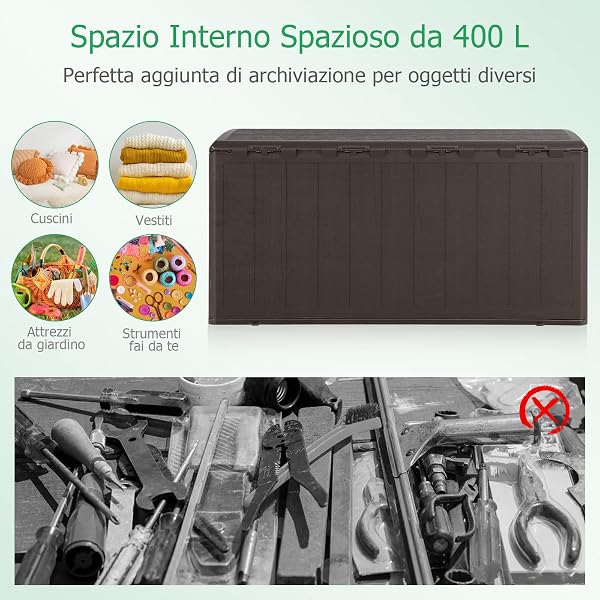 COSTWAY Baule da Giardino 400L, Panca Contenitore in Plastica con Coperchio e Maniglia, per Interni e Esterni, 127,5 x 64 x 64cm (Modello 2) - 5