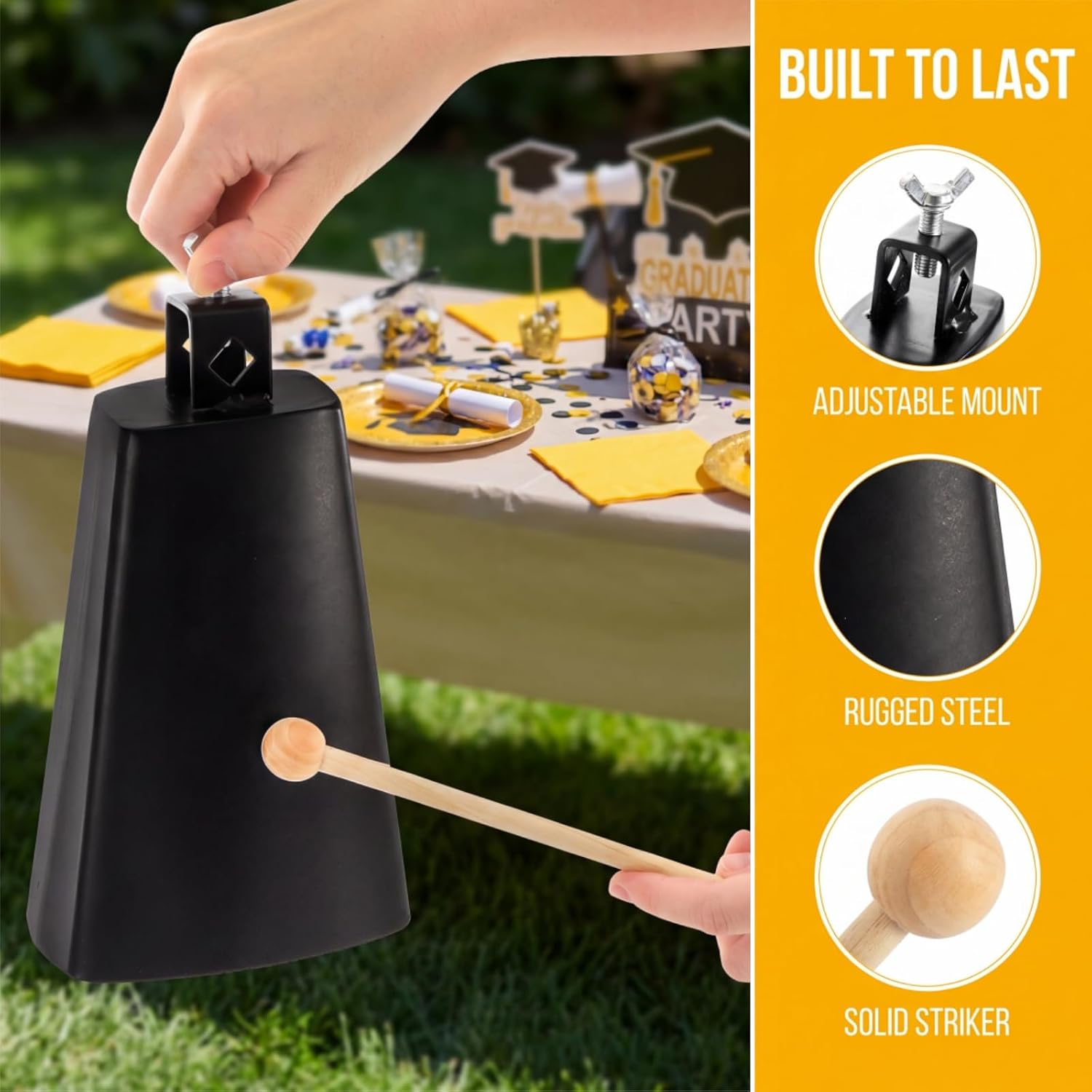 2 Pack Metal Steel Cow Bells, 7 Inch Cowbell Noise Makers with Handle Stick, Hand Percussion Music Cowbell for Drumset Cheering Wedding Football Sport Games