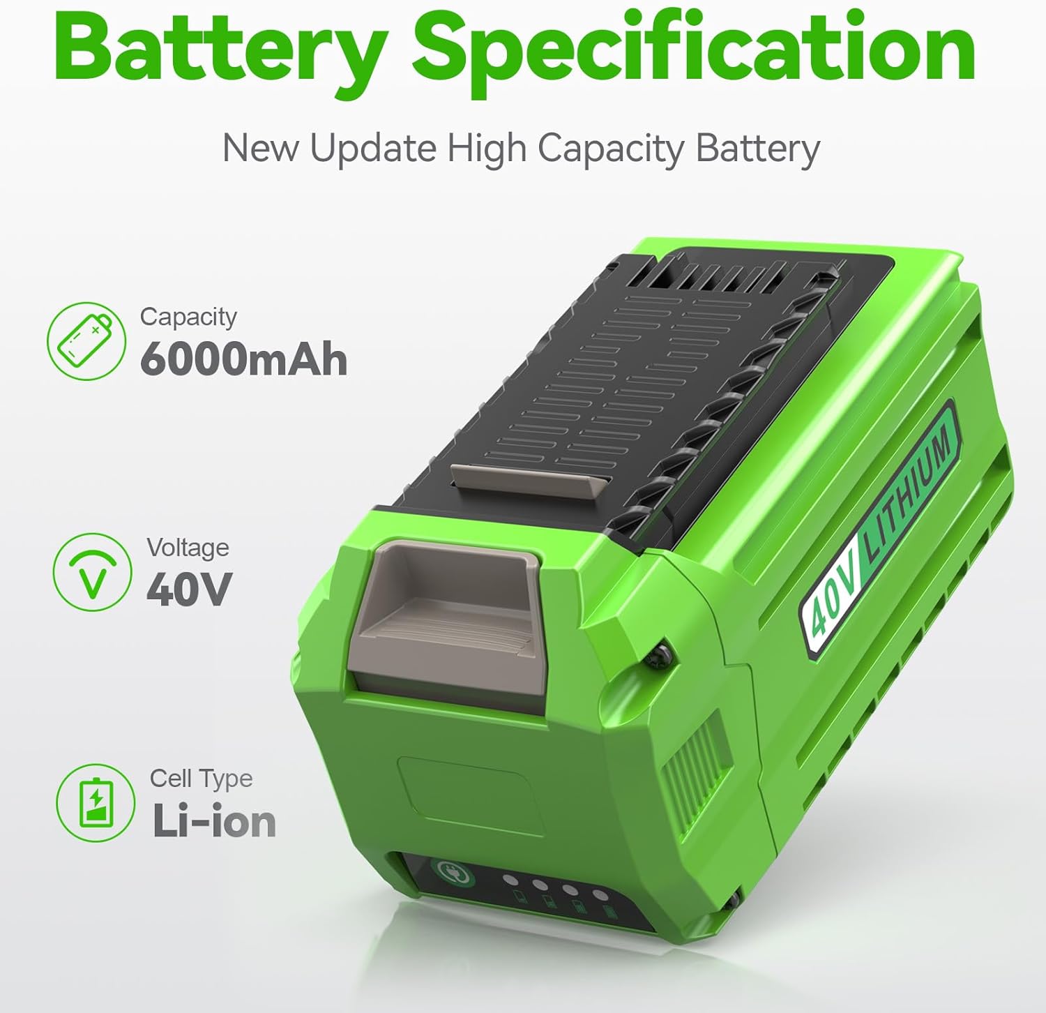 29472 40V 6.0Ah Battery Replacement for GreenWorks 40V Battery 29472 29462 29252 20202 22262 25312 25322 20642 22272 27062 21242 G-Max Cordless Power Tools