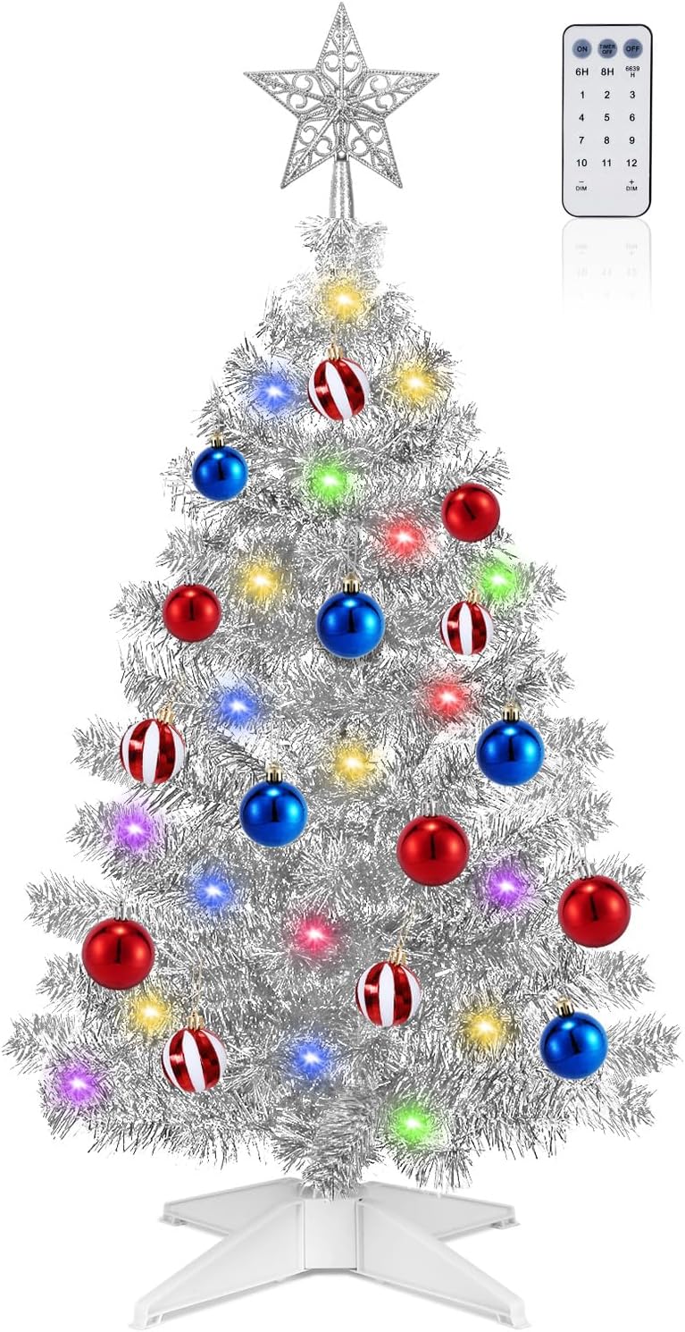 [ Timer & 12 Modes ] 3 Ft Sliver Christmas Tree with DIY 50 Warm White & Multi Color Lights 15 Ball Ornaments 3D Star Remote Control Battery Operated Pencil Full Tree Xmas Christmas Decorations Table