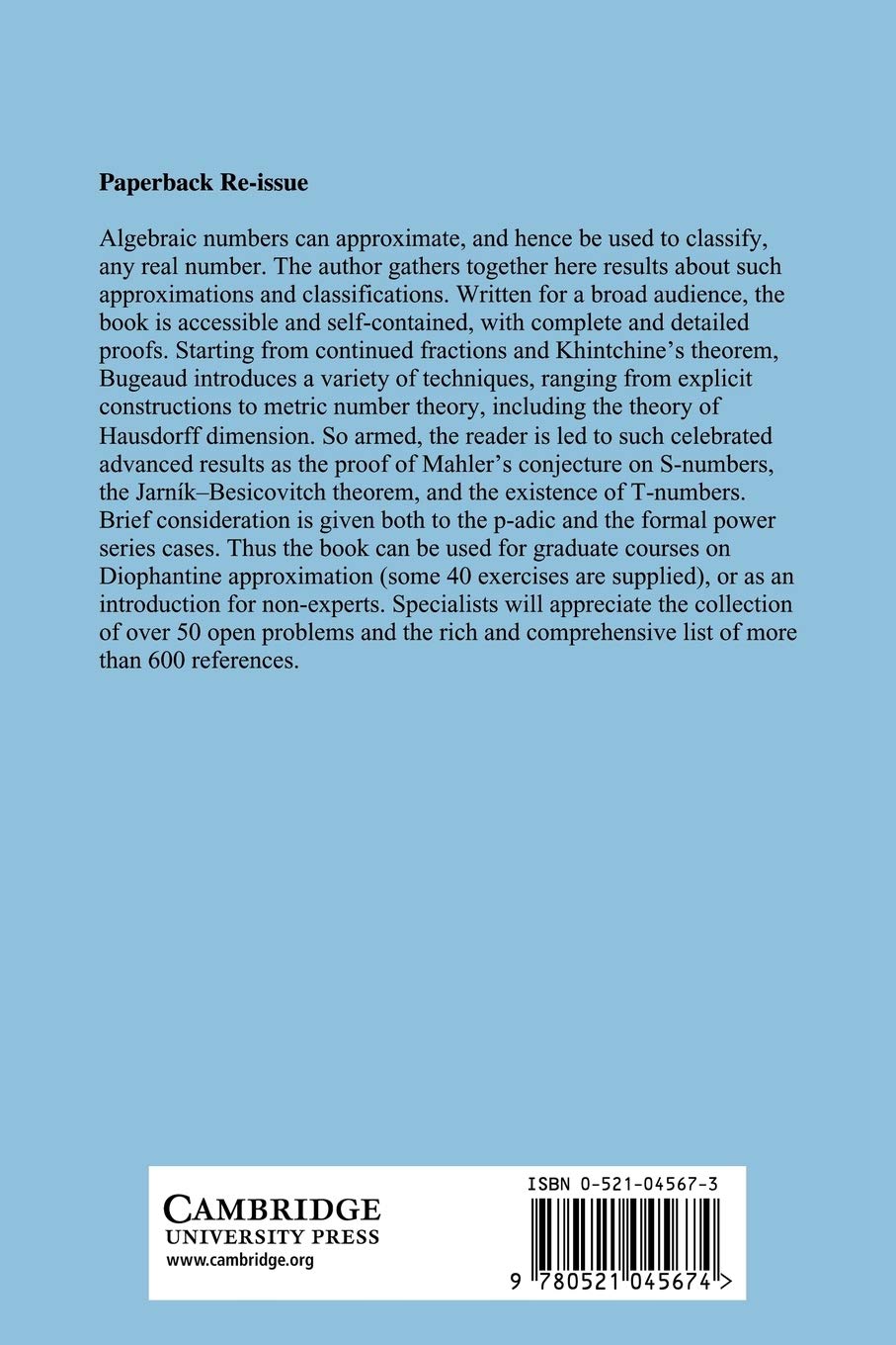Approximation by Algebraic Numbers (Cambridge Tracts in Mathematics, Series Number 160)