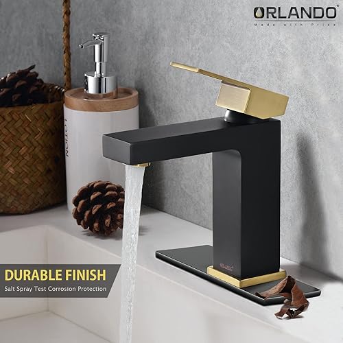 Miniatura 3 de ORLANDO Grifo de baño negro y dorado de un solo agujero, grifo de lavabo de baño de una sola manija para fregadero de baño, grifo de baño de latón