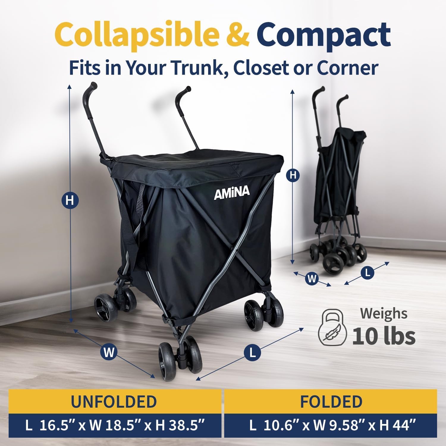 AMiNA Folding Shopping Cart Utility Cart Lightweight Water-Resistant Grocery Carts on Wheels - Collapsible Laundry Carts with Wheels for Groceries Camping Sports Transport Up to 132 Ibs - Black