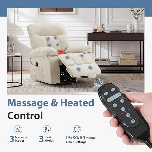 Vista 5 de DUMOS Rocker - Silla reclinable giratoria con masaje por vibración y calefacción lumbar, sillón reclinable de tela de felpilla giratoria de 270°