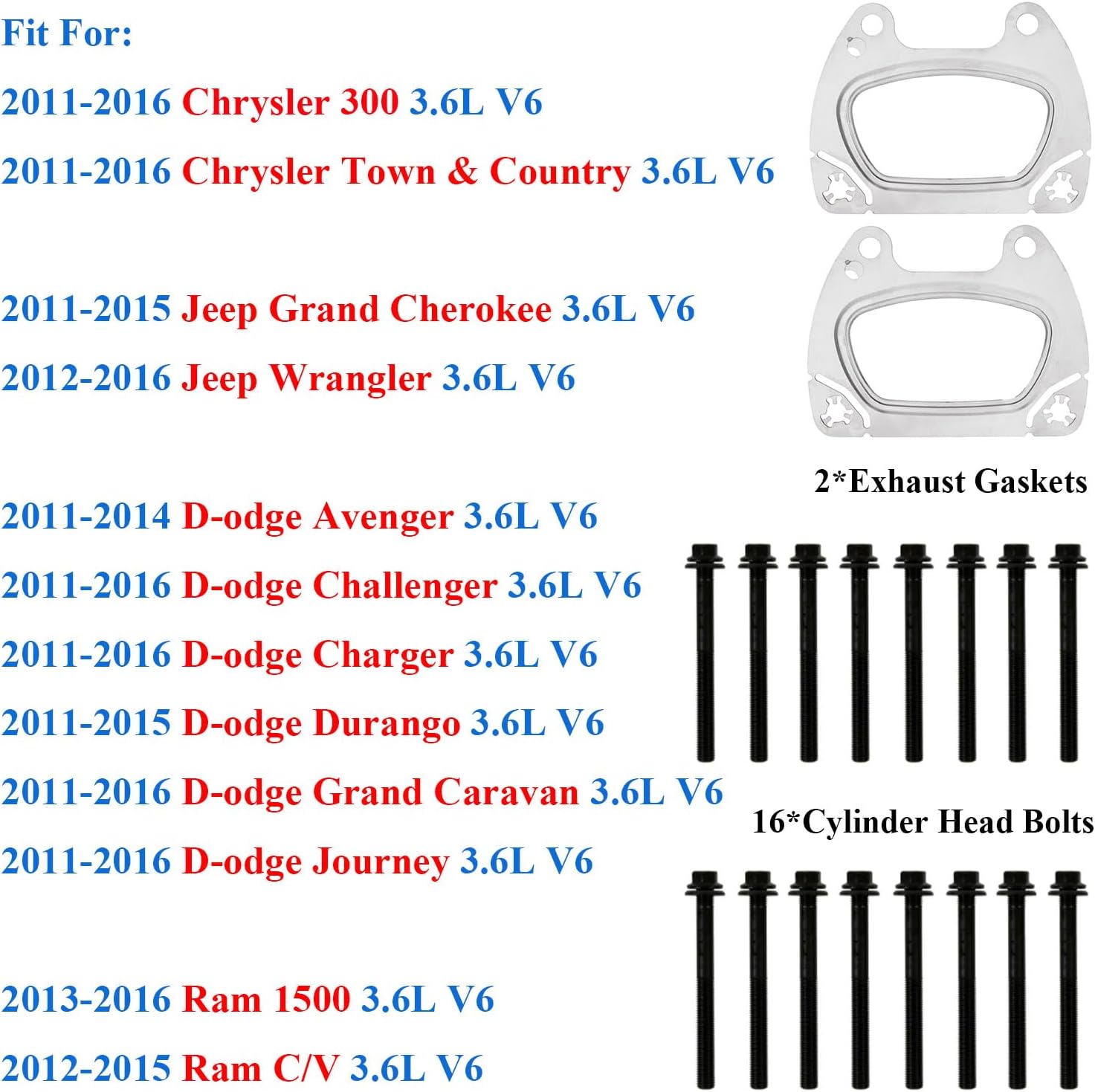 ES72467 Head Gasket Set with Head Bolts Replacement for 2011-2016 Chrysler 200 300 Town & Country Dodge Charger, Challenger, Durango, Journey, Grand Caravan Jeep Ram C/V 3.6L Part# CS26541 HS26541PT