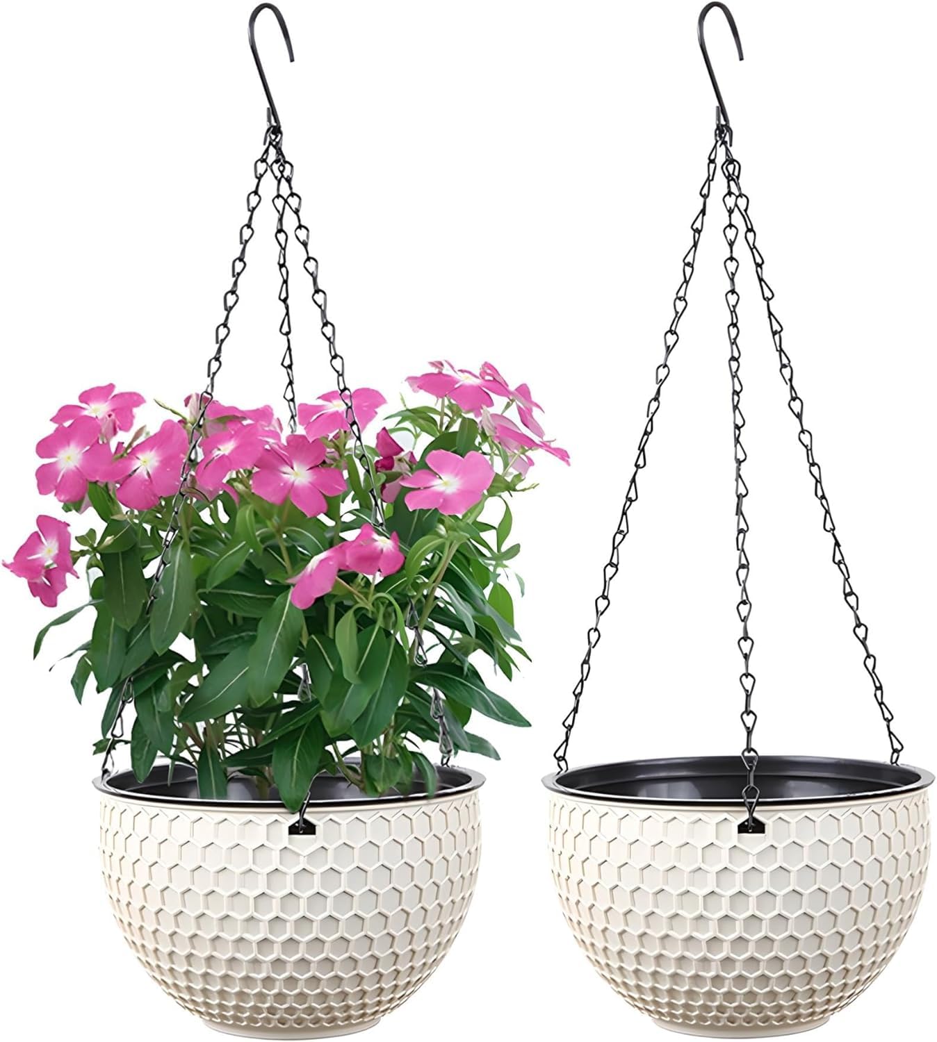 WOWEI 2 Pack Hanging Basket Self-Watering Hanging Planters Pots with Water Reservoir & Drain Hole, Hanging Basket for Plants with Chains Outdoor Garden Flower Planter Container